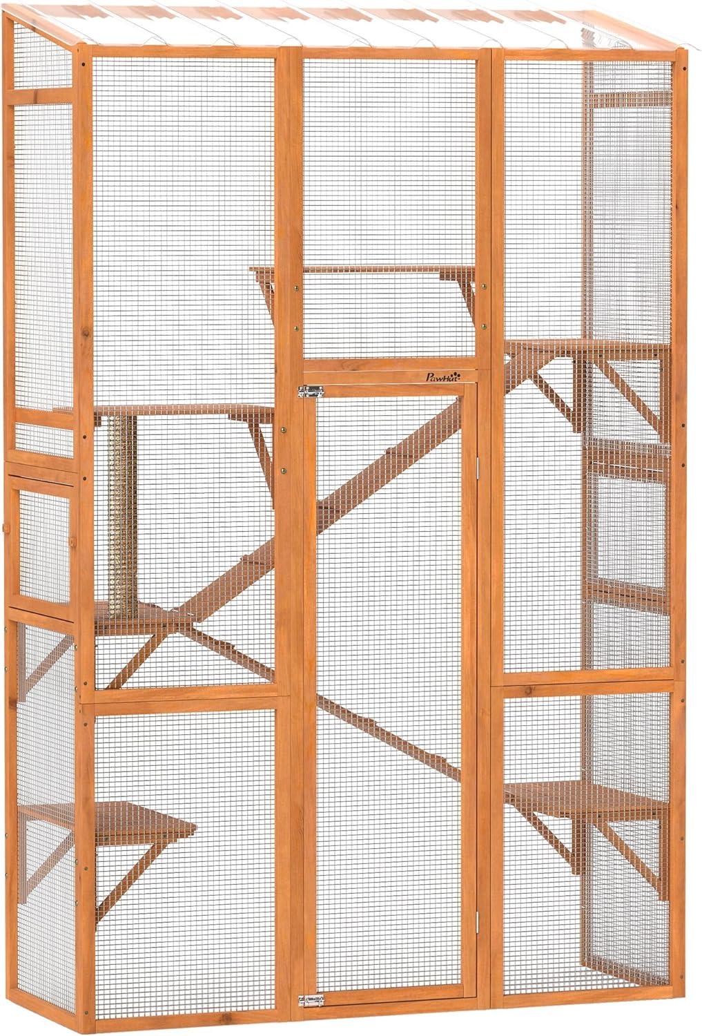 PawHut Outdoor Catio Cat Enclosure, Large Wooden Cat House with 6 Jumping Platforms, Scratching Post, 2 Ramps, Waterproof Roof, for 2-3 Kittens