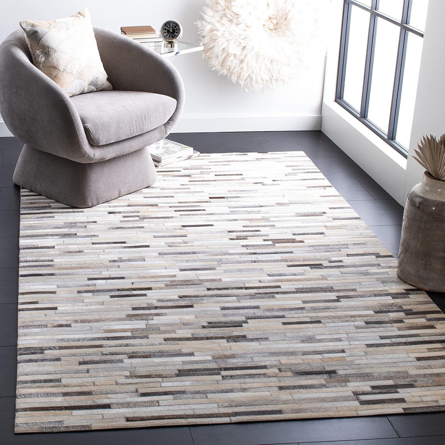 Ivory and Grey Hand-Knotted Cowhide Geometric Area Rug