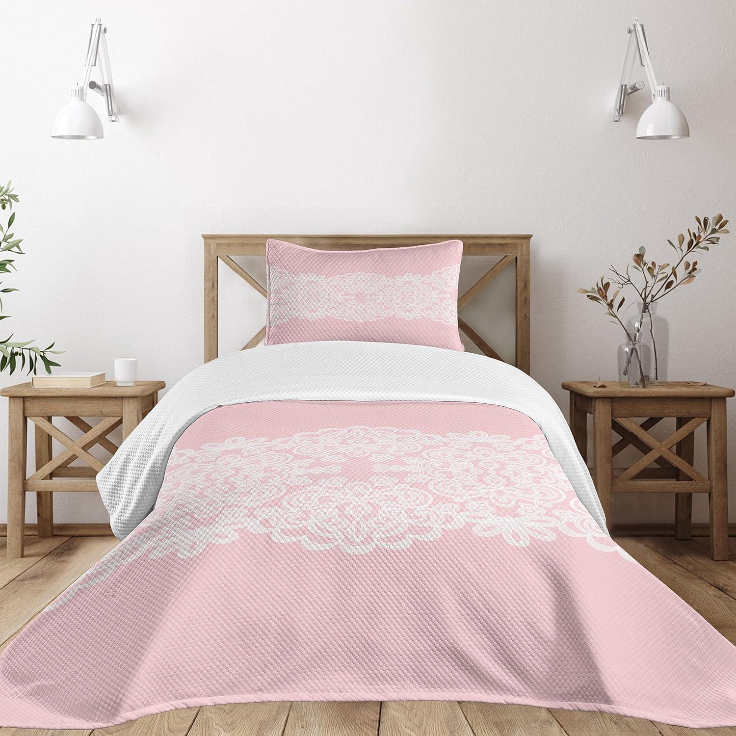 Twin White and Pink Polyester Kids Bedspread Set