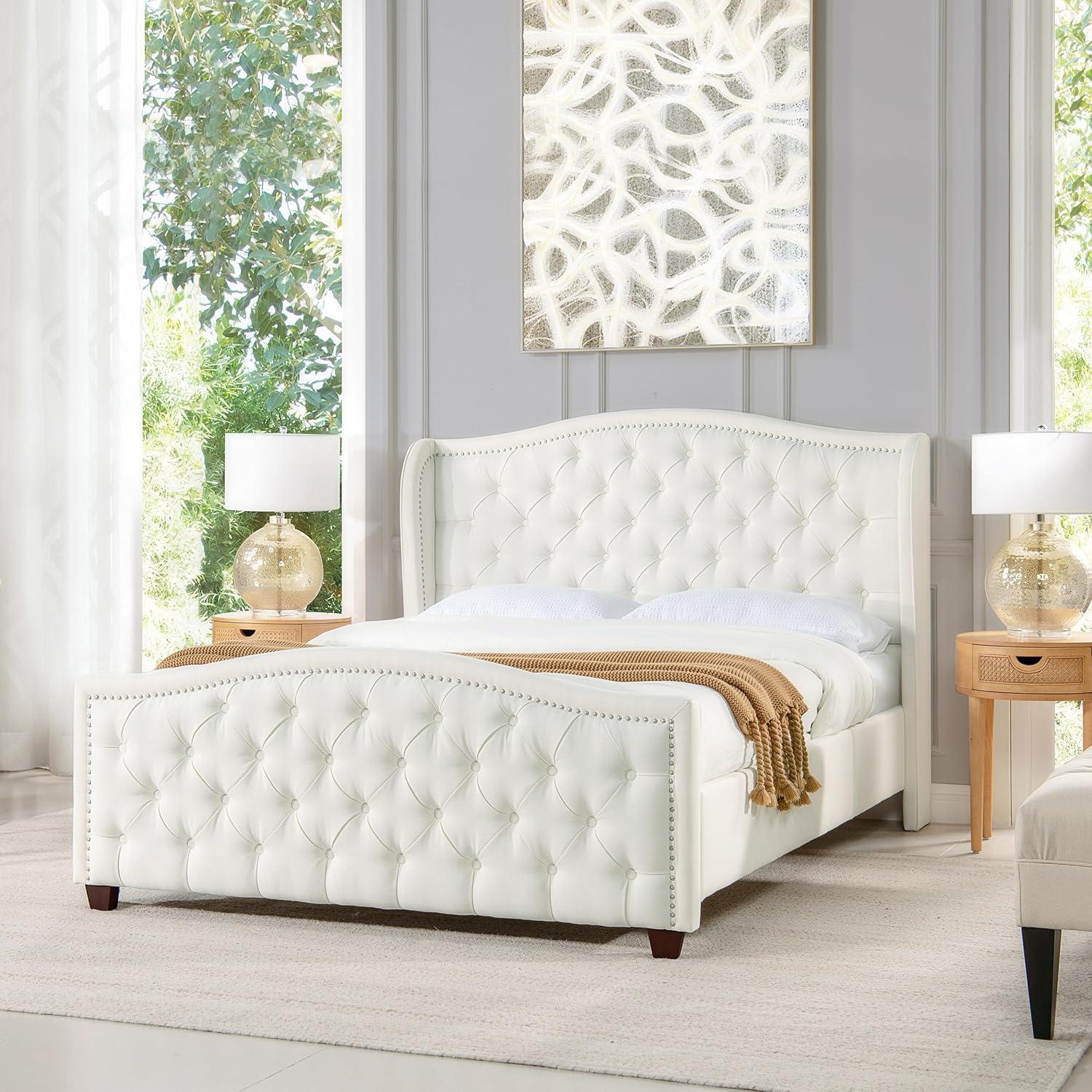 Fontana Queen Antique White Tufted Upholstered Platform Bed