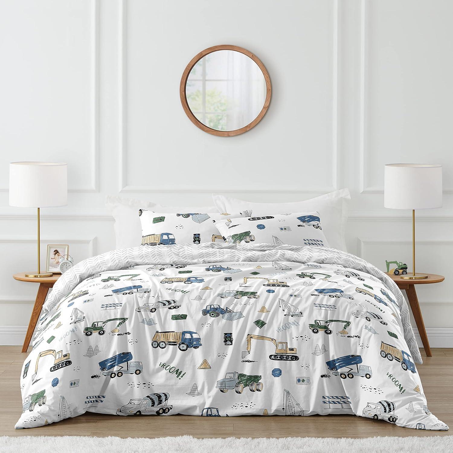 Construction Truck Blue Green Yellow Grey And Black 3 Piece Queen Comforter Set