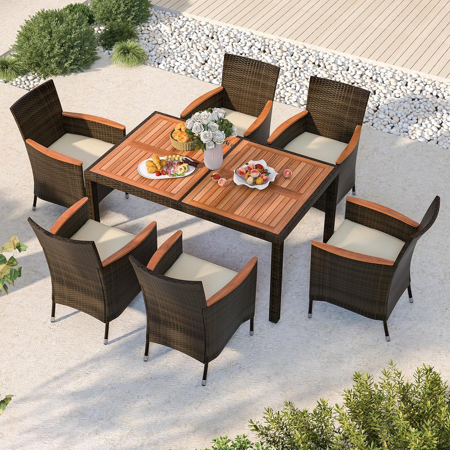 7 Piece Patio Dining Set, PE Rattan Outdoor Table And Chairs Dining Furniture Set With Stackable Armchairs & Cushions, Acacia Wood Table, For Backyard