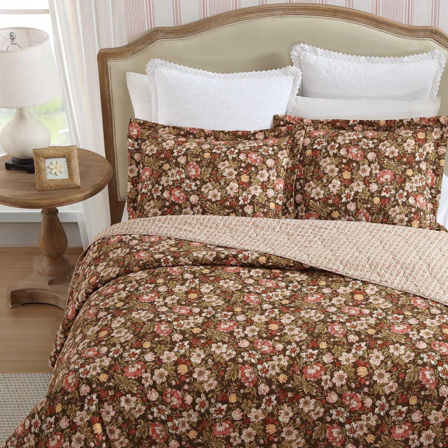 Laura Ashley Marta Cotton Reversible Brown Quilt Set