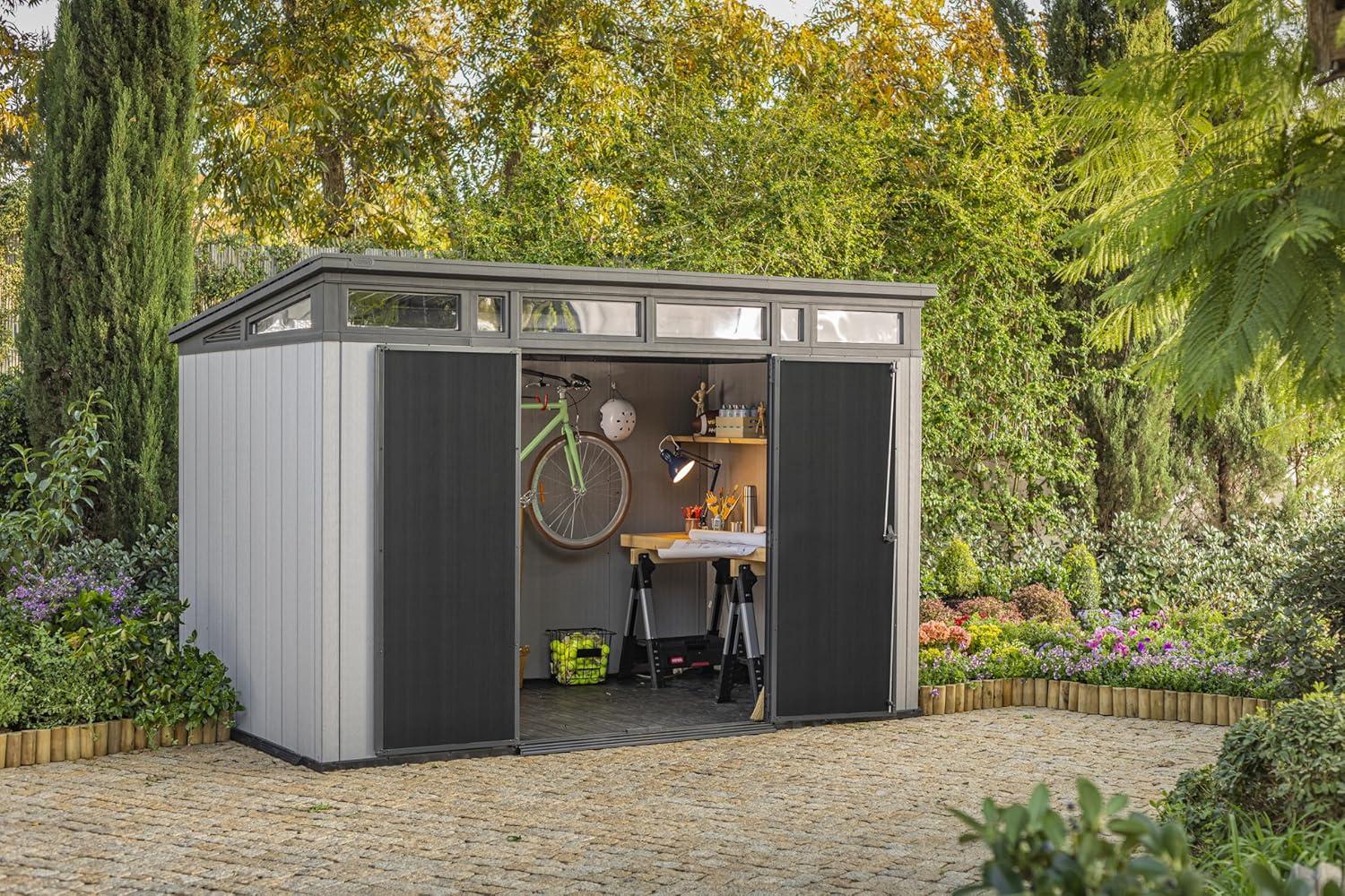 Keter Keter Artisan 11x7 ft. Modern Durable Resin Outdoor Storage Shed With Floor and Double Doors for Garden Patio Furniture and Tools, Grey
