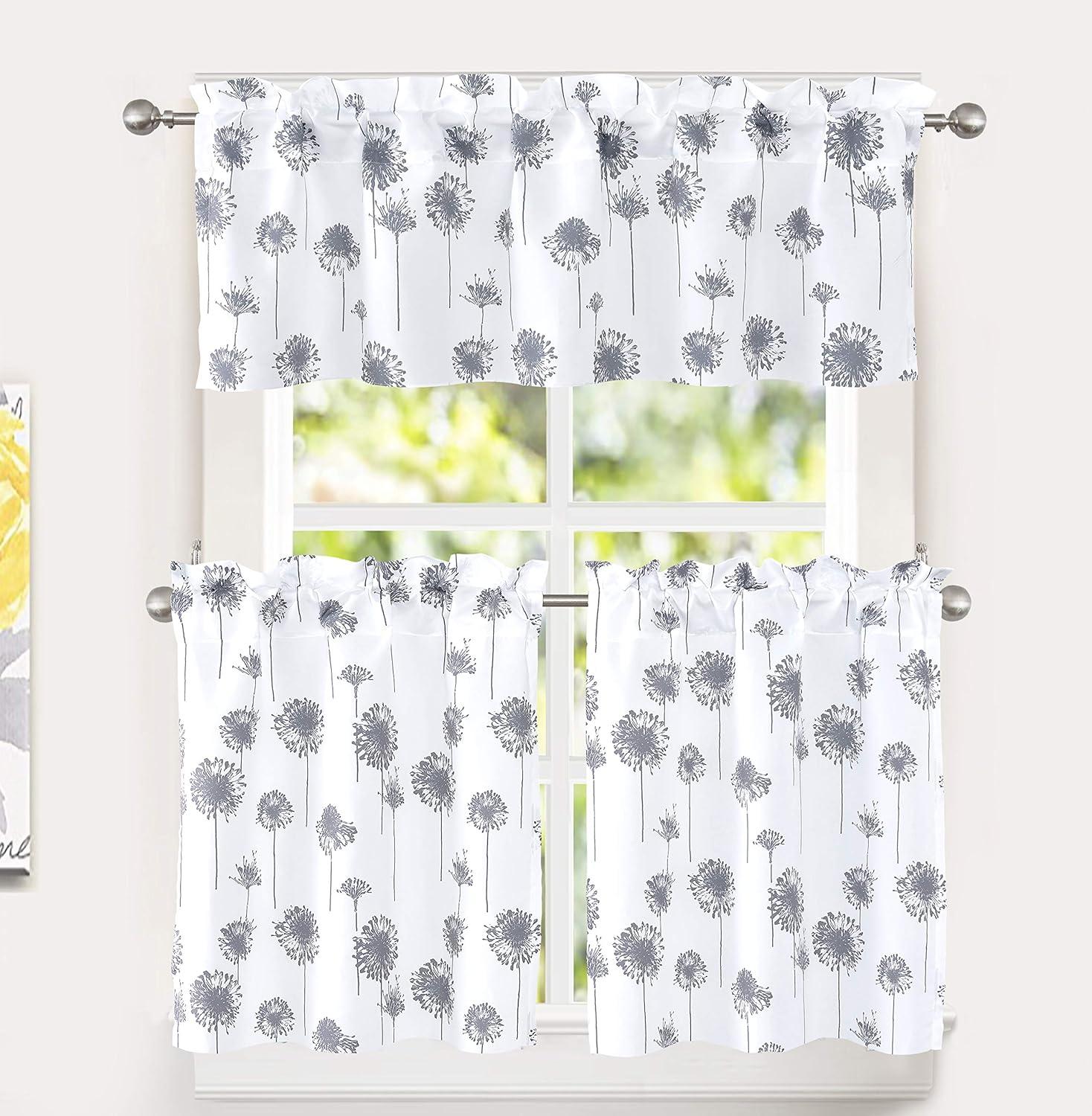 DriftAway Dandelion Floral Botanical Pattern Semi Sheer 3 Pieces Rod Pocket Kitchen Window Curtain Set with 2 Tiers 26 Inch by 24 Inch Each and 1 Valance 52 Inch by 14 Inch Gray