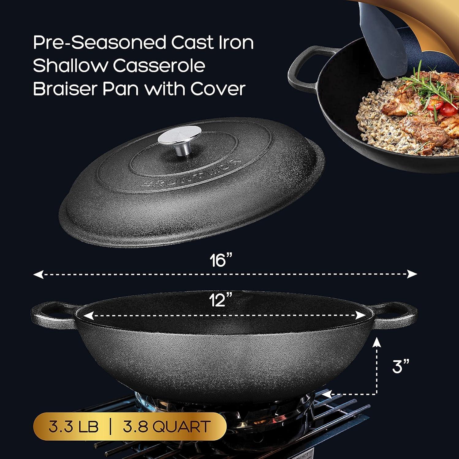 Bruntmor | Heavy Duty Pre-Seasoned Cast Iron Casserole Braiser - Pan With Cover