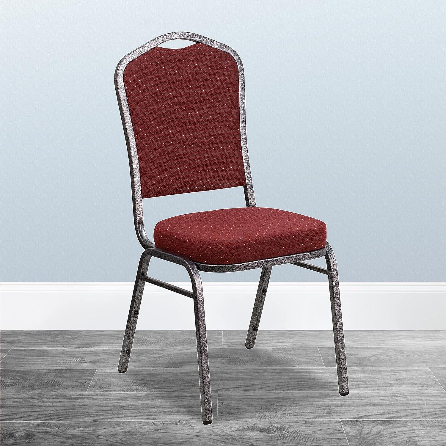 Burgundy Patterned Fabric Stacking Banquet Chair with Silver Frame