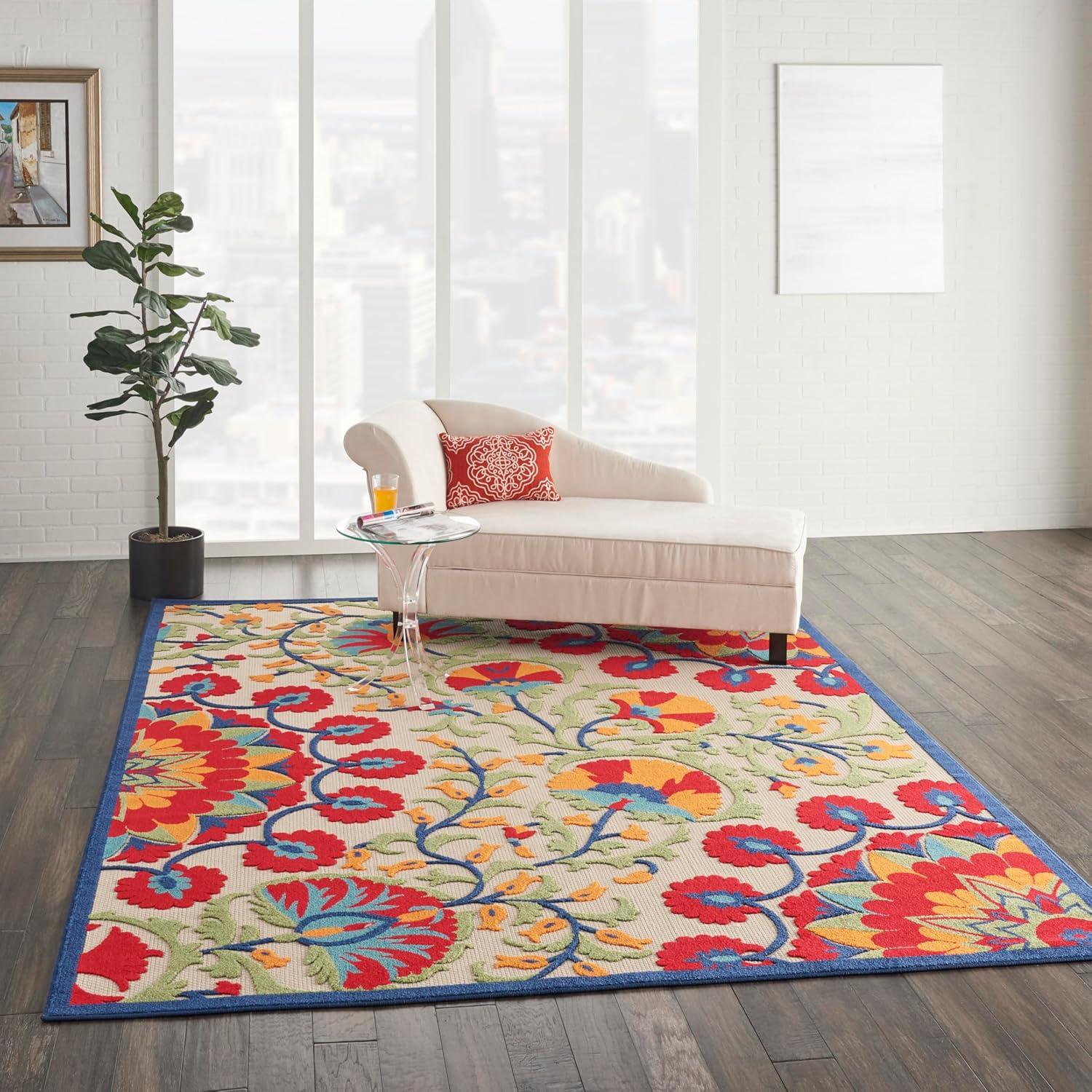 Nourison Aloha Floral Easy Care Flatweave High-Low Indoor Outdoor Area Rug Red/Multi 7' x 10'