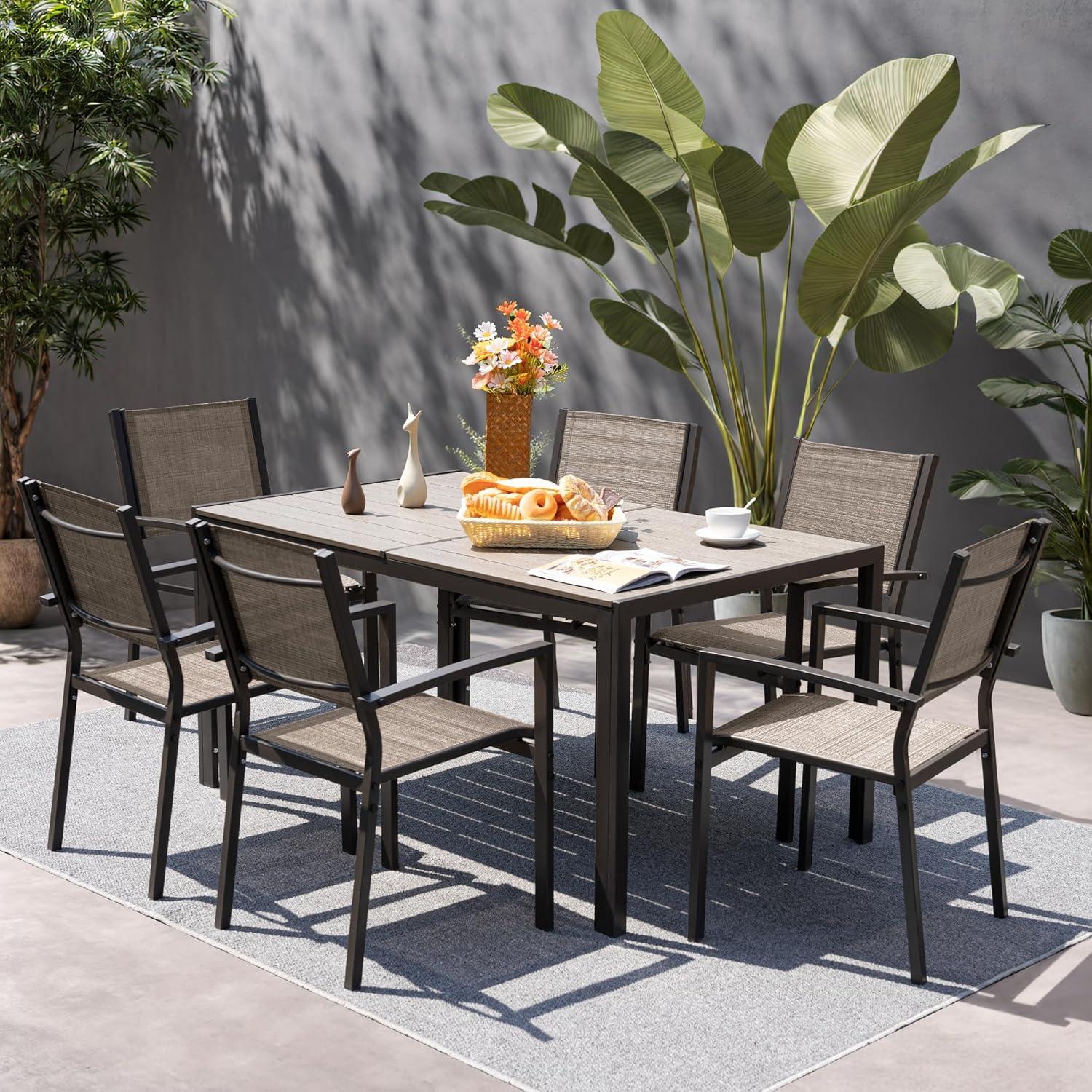 Rectangular Beige and Gray Outdoor Dining Table with Metal Frame