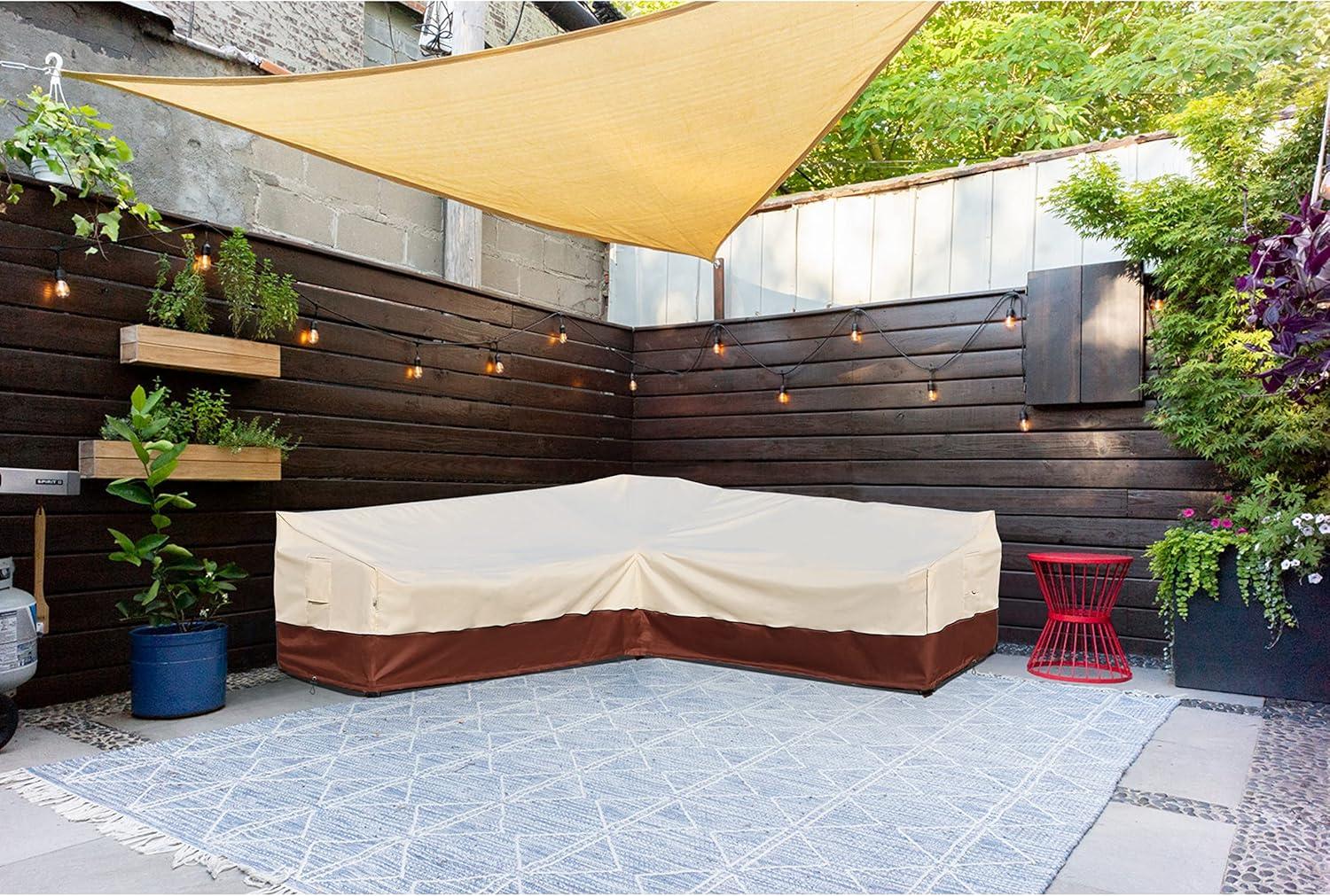 Outdoor Sectional Cover-V-Shaped Garden Patio Furniture Covers Waterproof Rip-Stop Anti-UV 600D Heavy Duty Outdoor Couch Cover with 3 Air Vents Sofa Cover 85''L 33.5''D 31''H,Beige & Reddish Brown