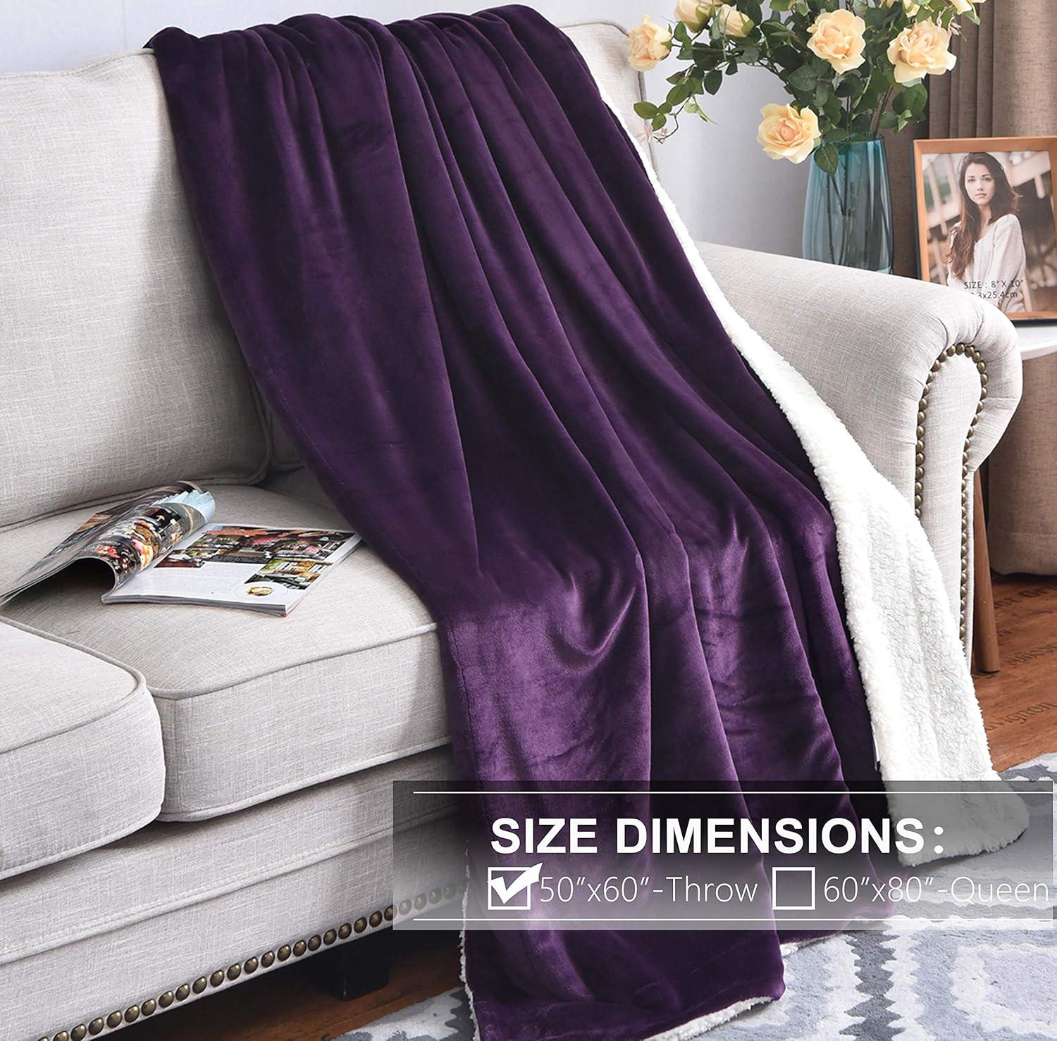 Purple and White Reversible Sherpa Fleece Throw Blanket