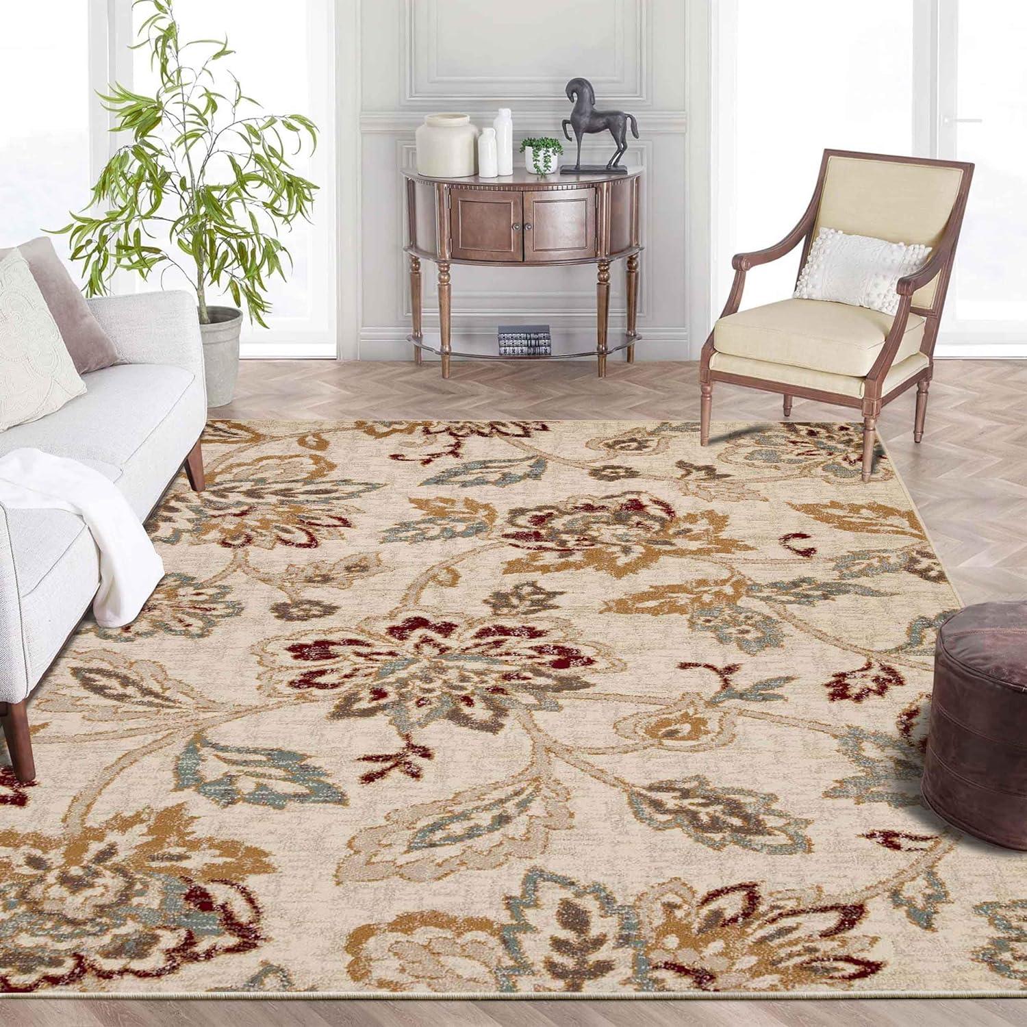 Superior Jacobean Floral Indoor Area Rug, 5' x 8', Stone
