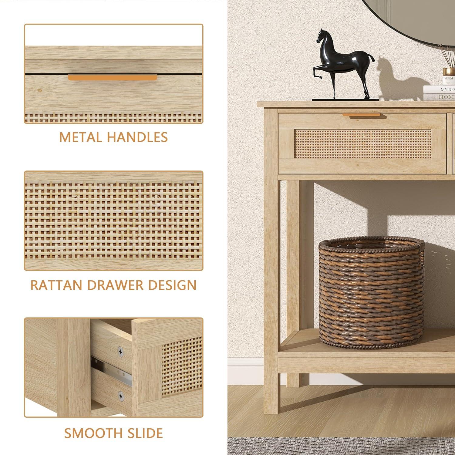 Farmhouse Rattan Console Table with 2 Drawers 2 Tier Boho Narrow Long Sofa Table Natural with Open Storage Shelf Wood Entryway Table for Living Room Hallway Foyer (Nature, 39.4 Inch)