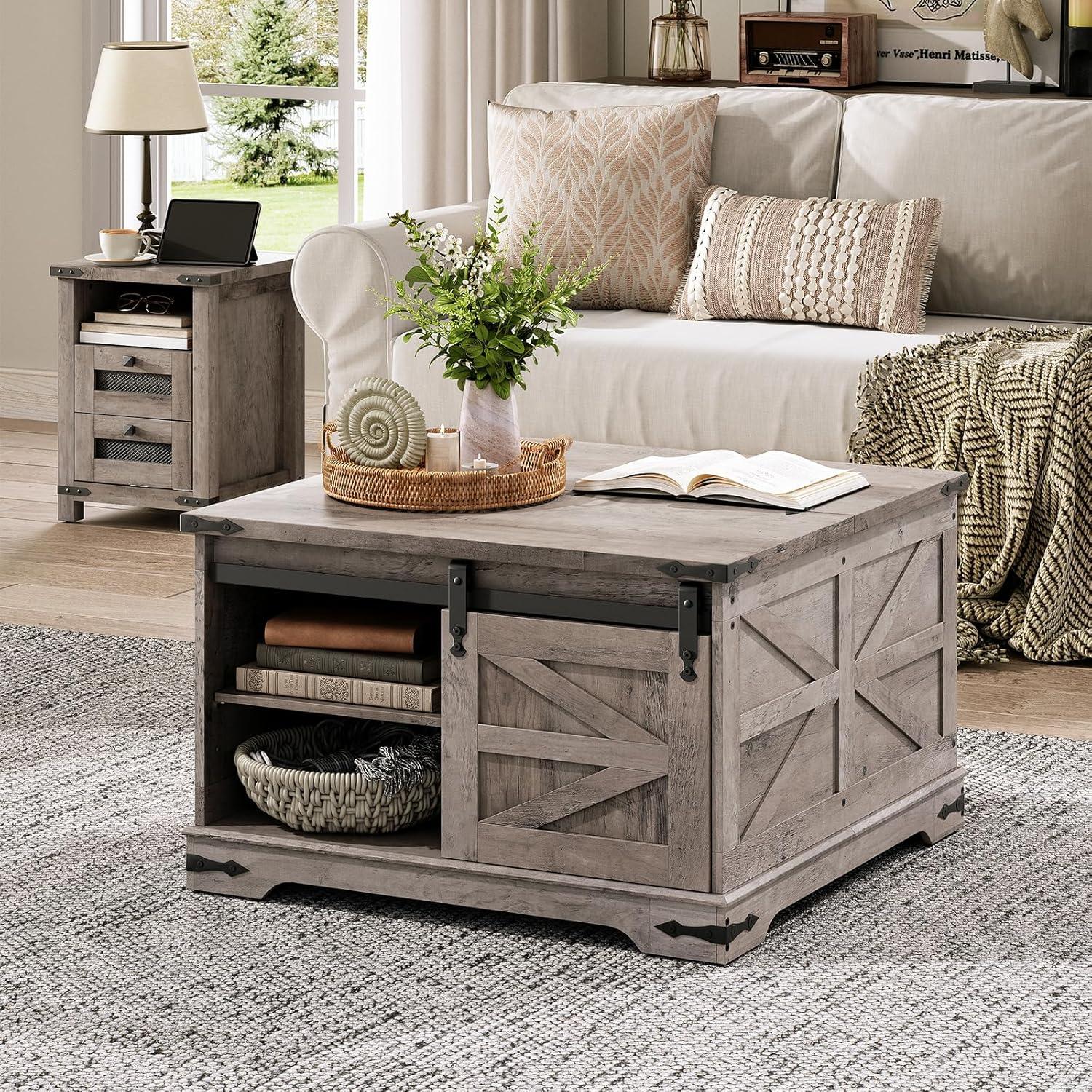 Gray Square Lift-Top Farmhouse Coffee Table with Storage