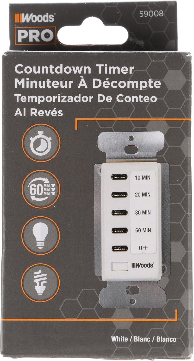 Woods 59008 Decora Style 60-30-20-10 Minute Preset Wall Switch Timer, White, 60-Minute