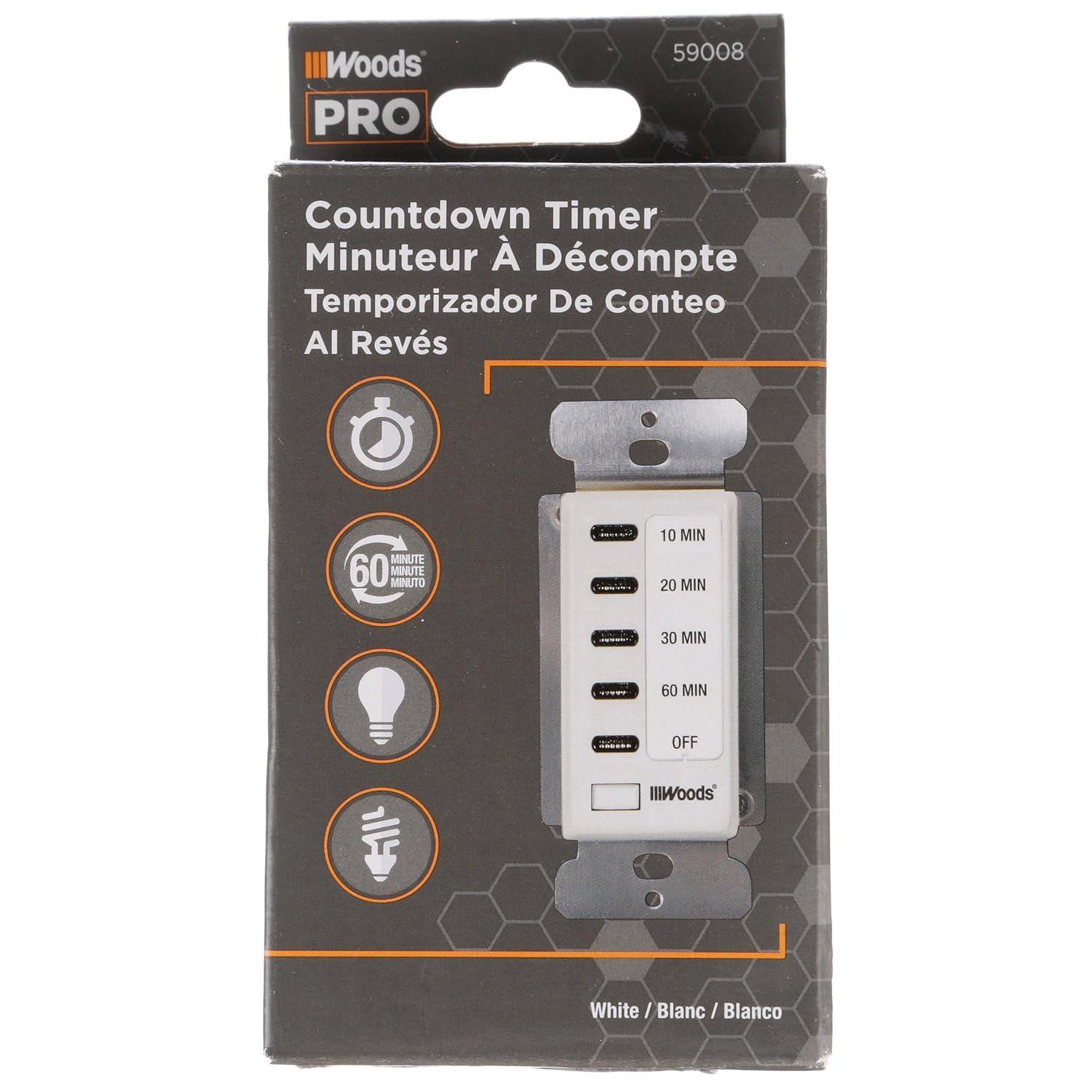 Woods 59008 Decora Style 60-30-20-10 Minute Preset Wall Switch Timer, White, 60-Minute