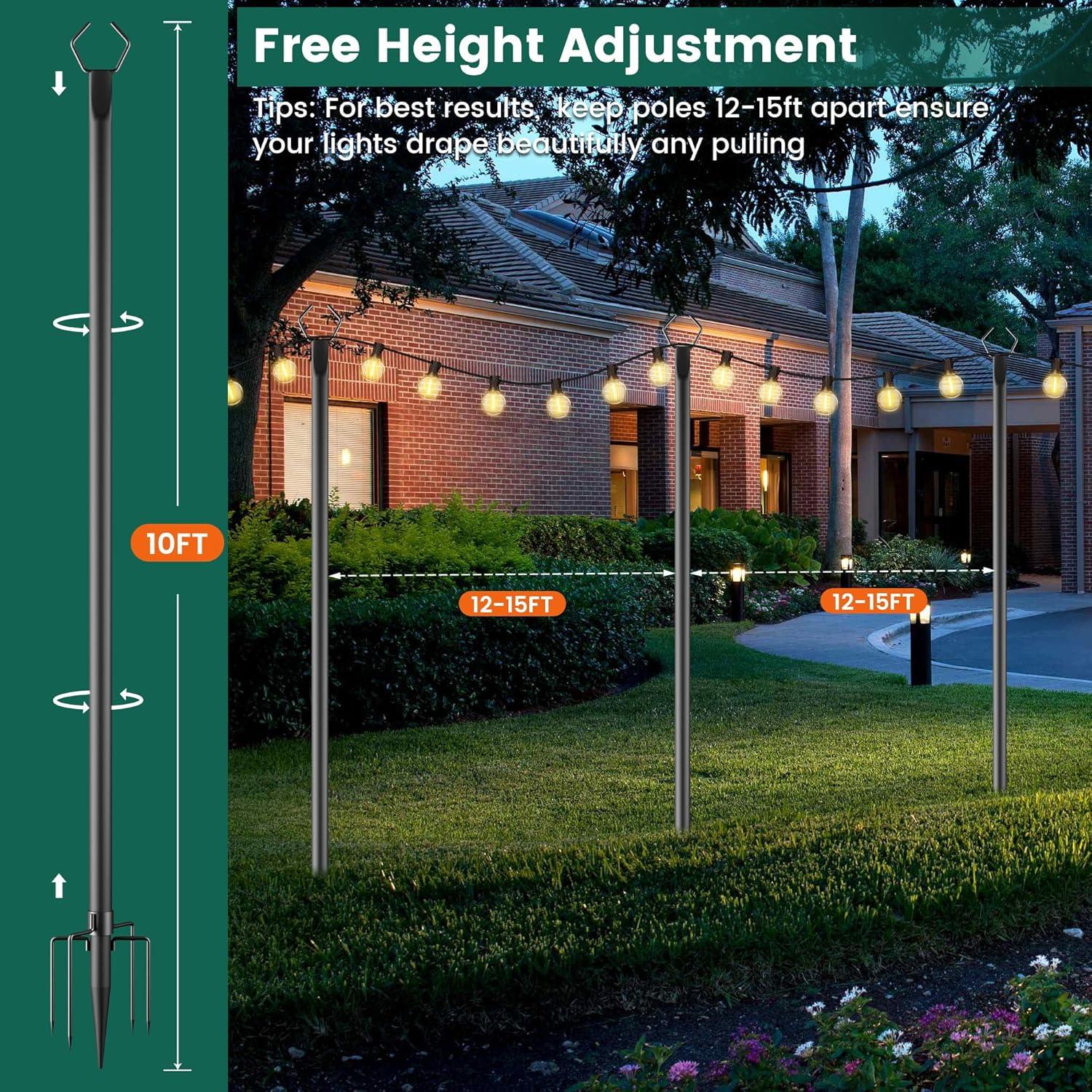 2 Pack String Light Poles,10 Ft Light Poles for Outside String Lights,Outdoor Lights Pole with Fork,Metal Poles Stand for Patio Deck Backyard