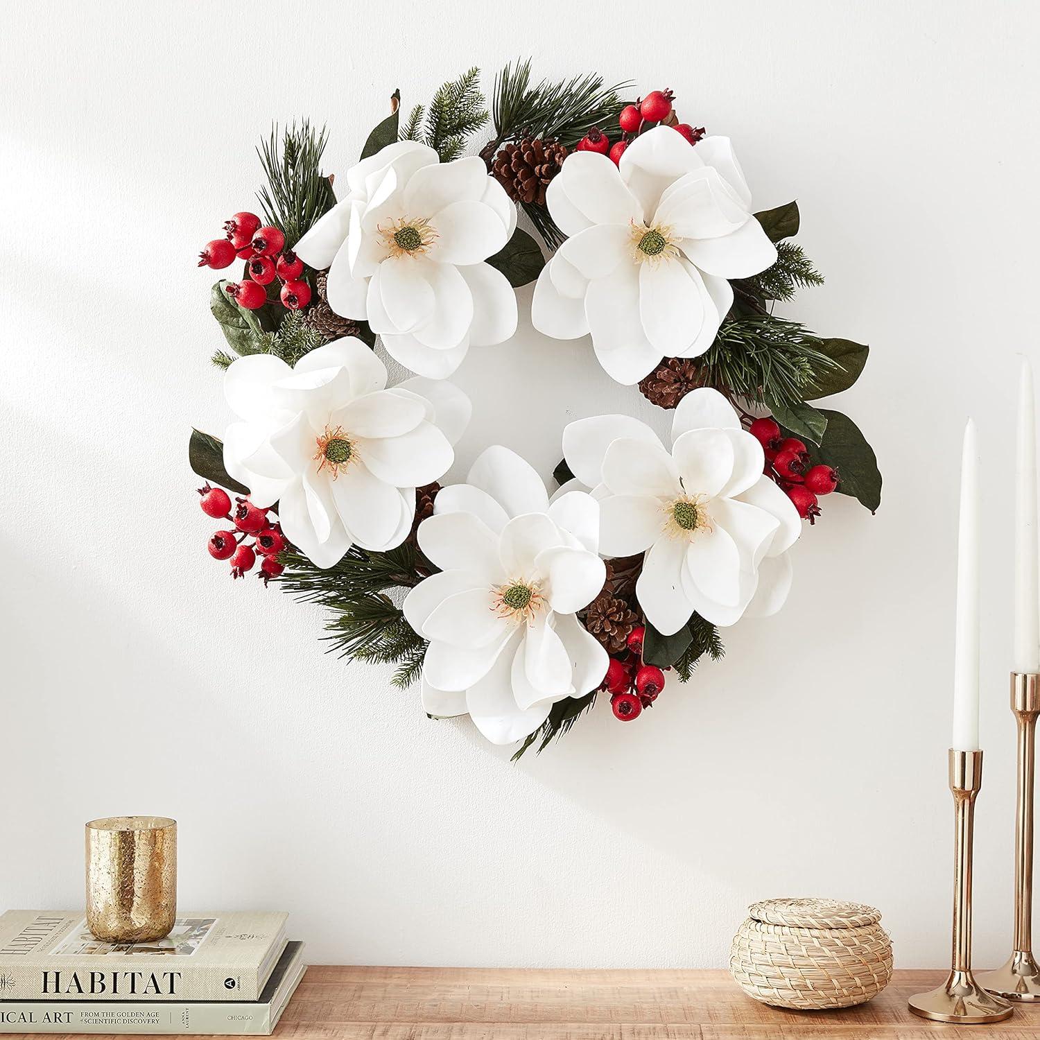 Nearly Natural 26” Magnolia, Pine and Berries Wreath