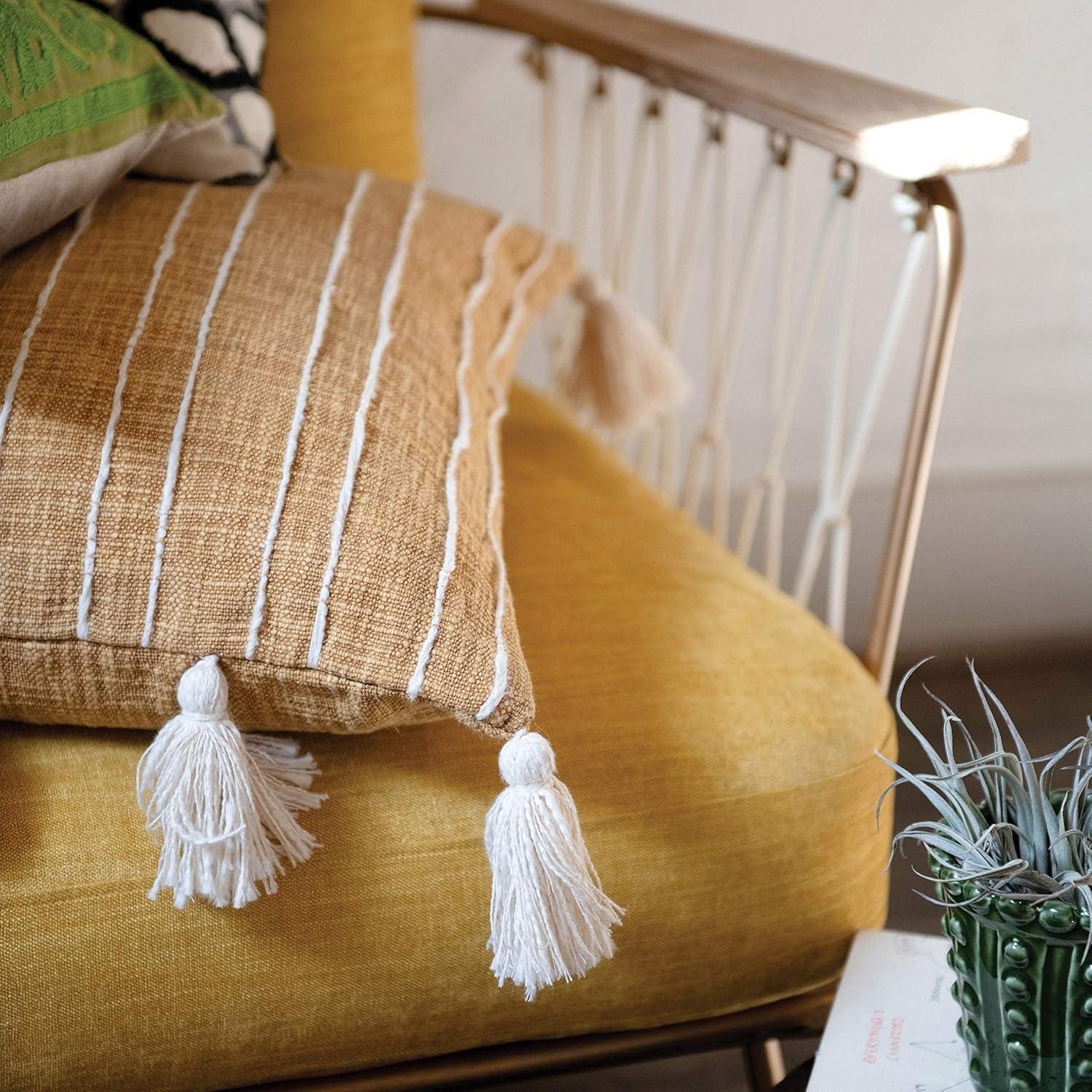 Mustard and White Cotton Woven Pillow with Tassels, 22" Square