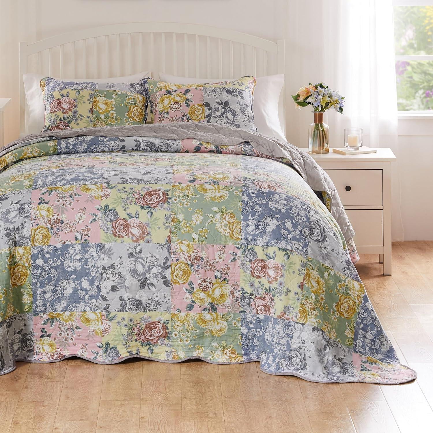 Gray Cotton King Reversible Floral Patchwork Bedspread Set