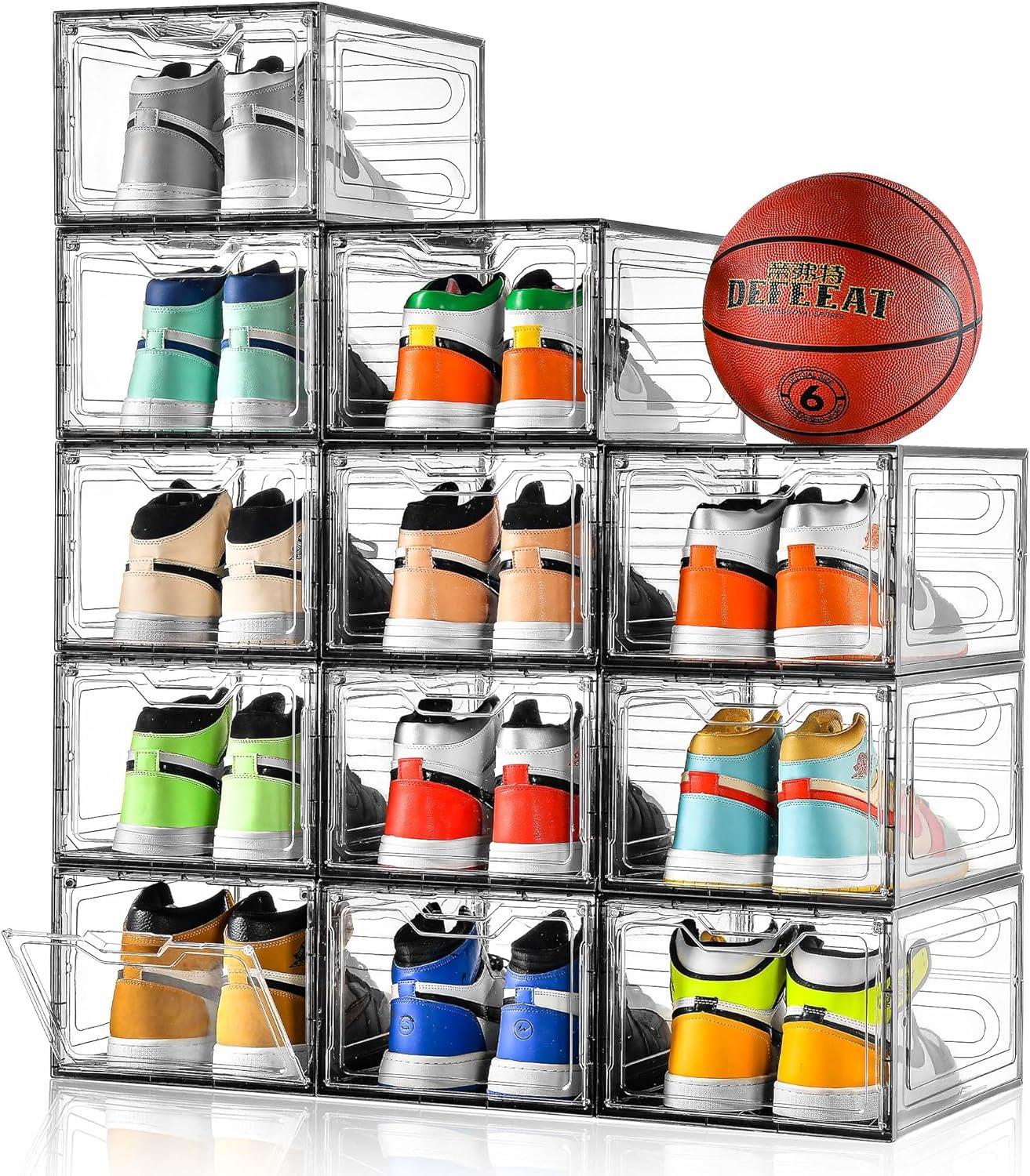 12 Pack Shoe Storage Boxes, Stackable Clear Boxes With Doors, Organizer Containers For Sneakers - Fit US Men's/Women's Size 12 (13.4"x 9.8"x 7.1")