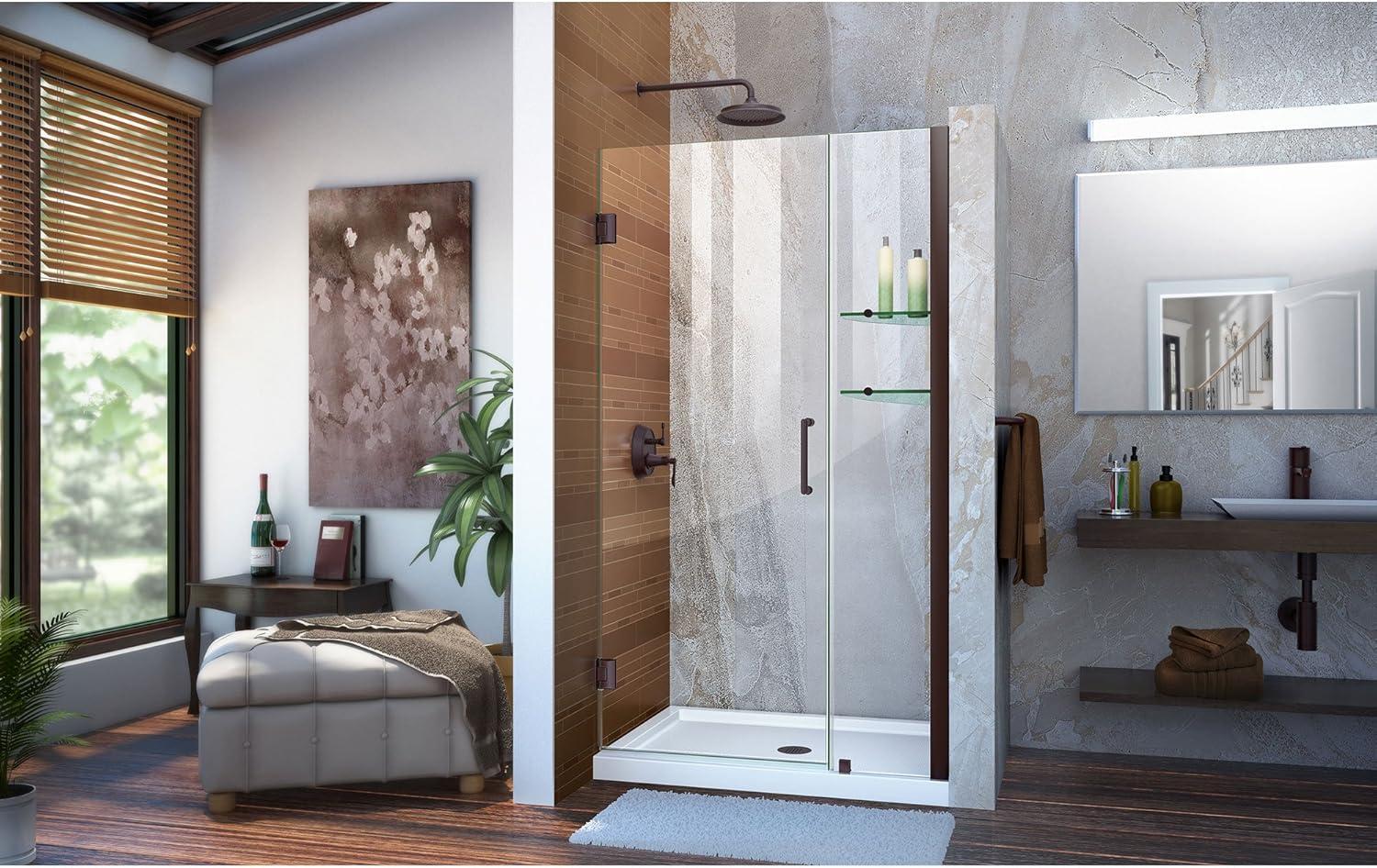 Unidoor Frameless Hinged Shower Door with Glass Shelves