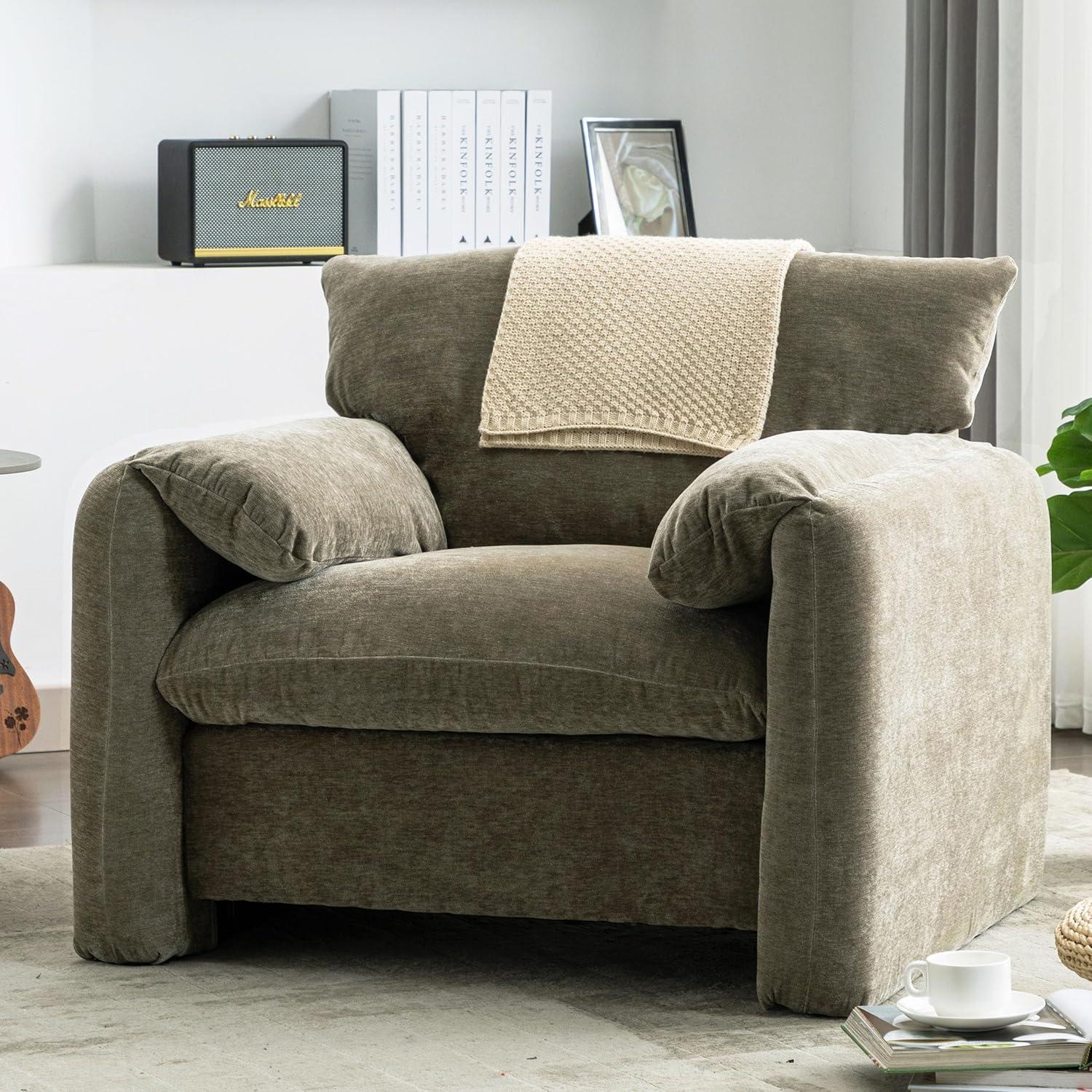 Oversized Red Chenille Barrel Accent Chair with Wood Frame