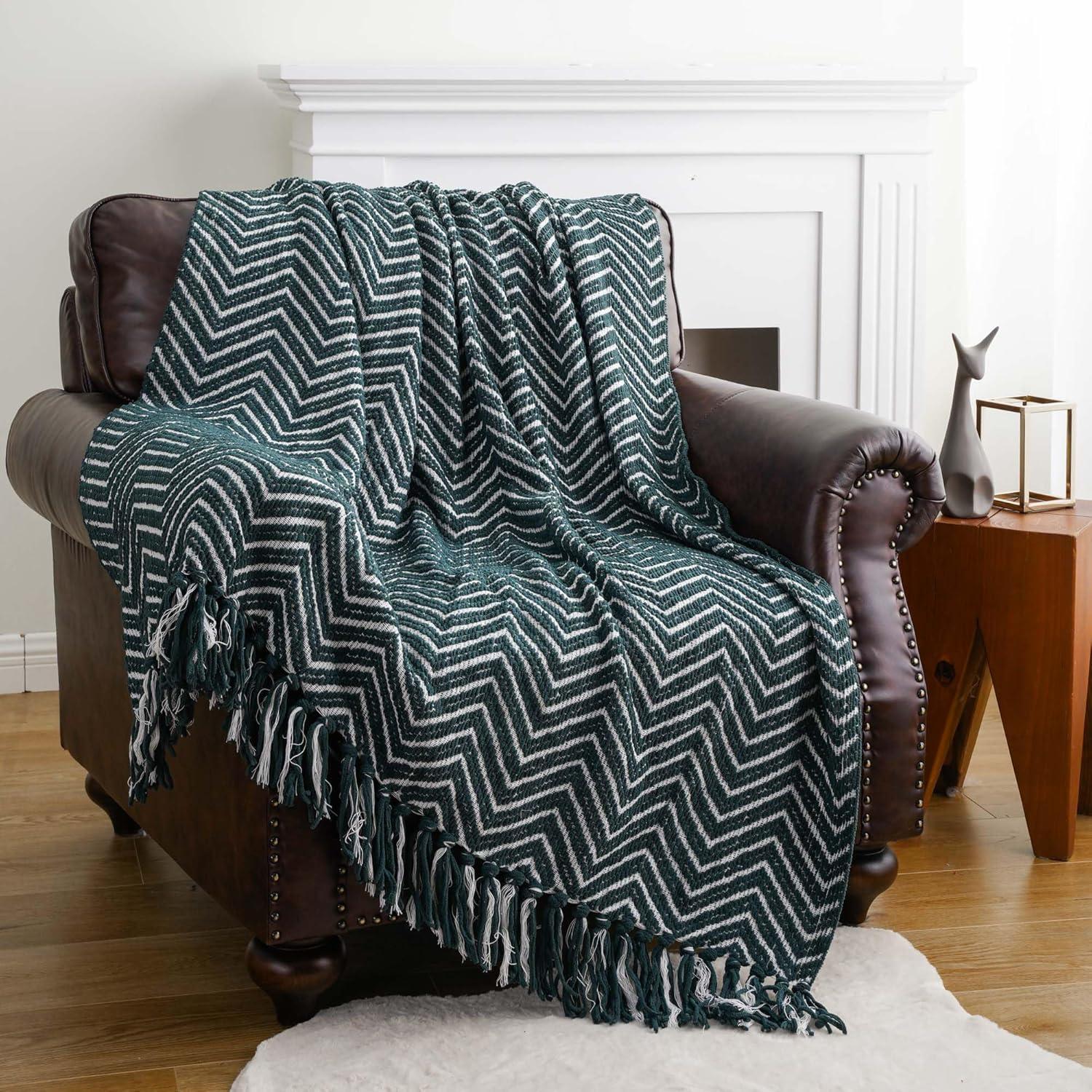 Dark Green and White Knitted Reversible Throw Blanket with Fringe