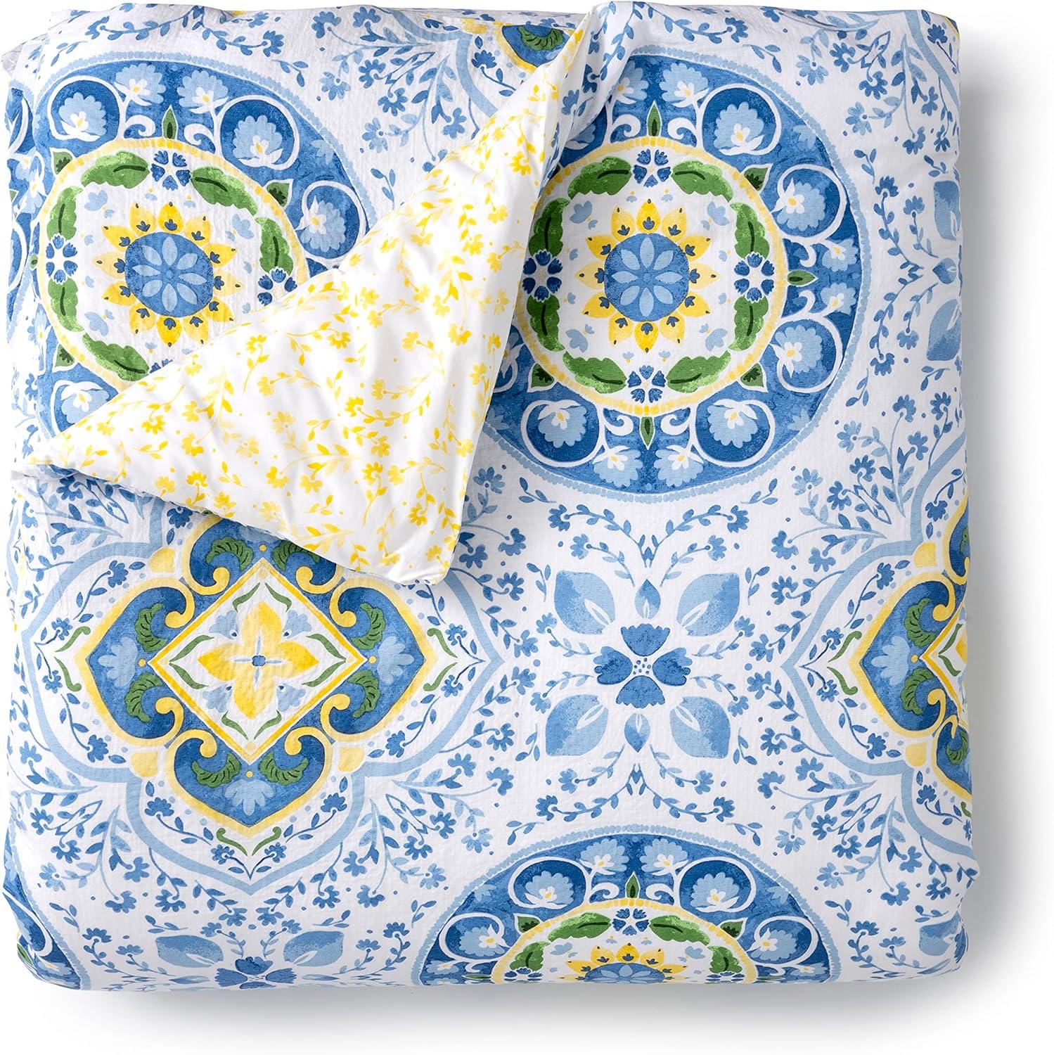 King Size Blue and Yellow Cotton 3-Piece Duvet Set