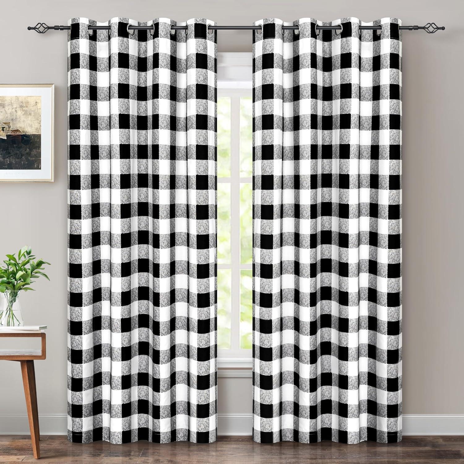 Black and White Checkered Blackout Grommet Curtains, 84" Long