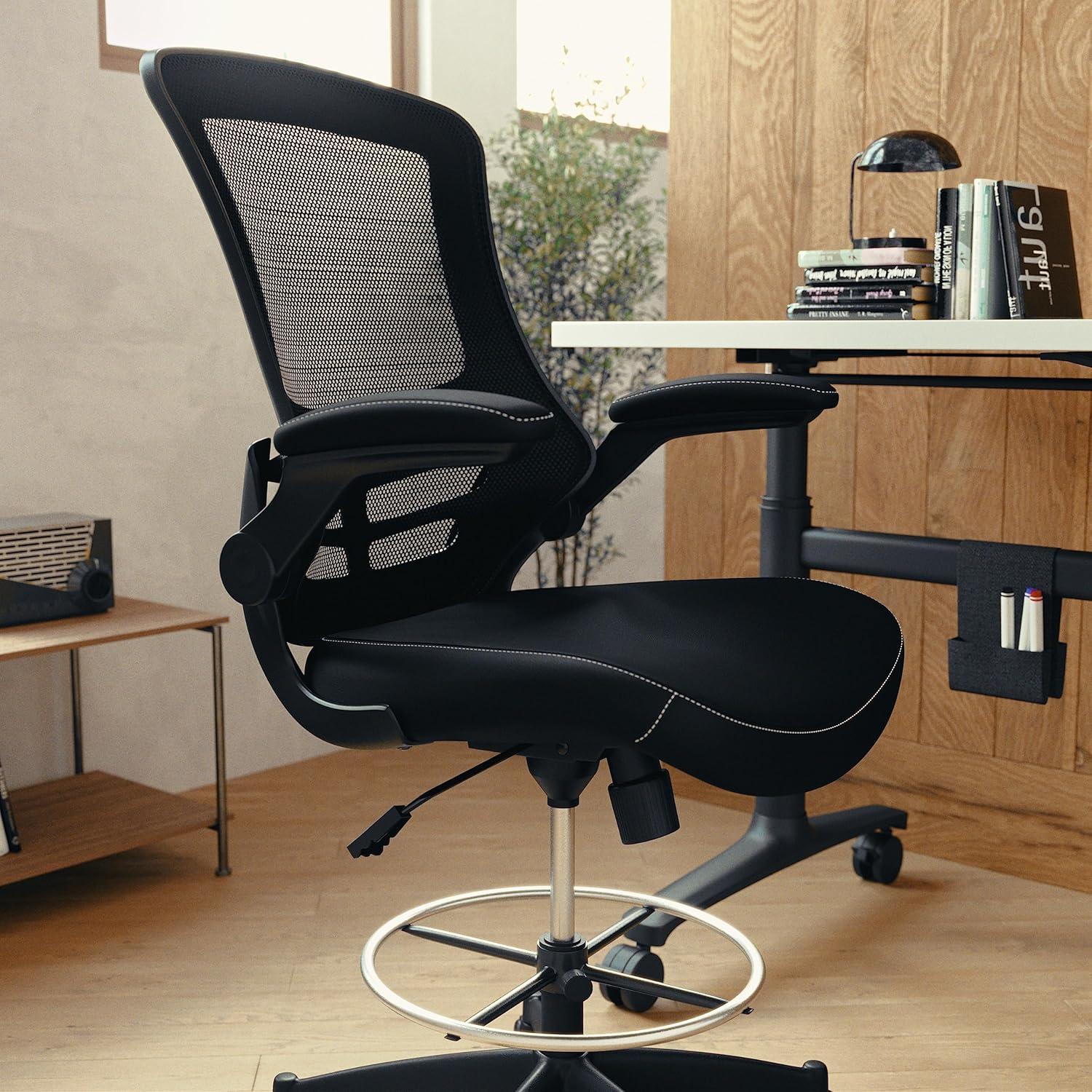 Flash Furniture Kelista Mid-Back Black Mesh Ergonomic Drafting Chair with LeatherSoft Seat, Adjustable Foot Ring and Flip-Up Arms