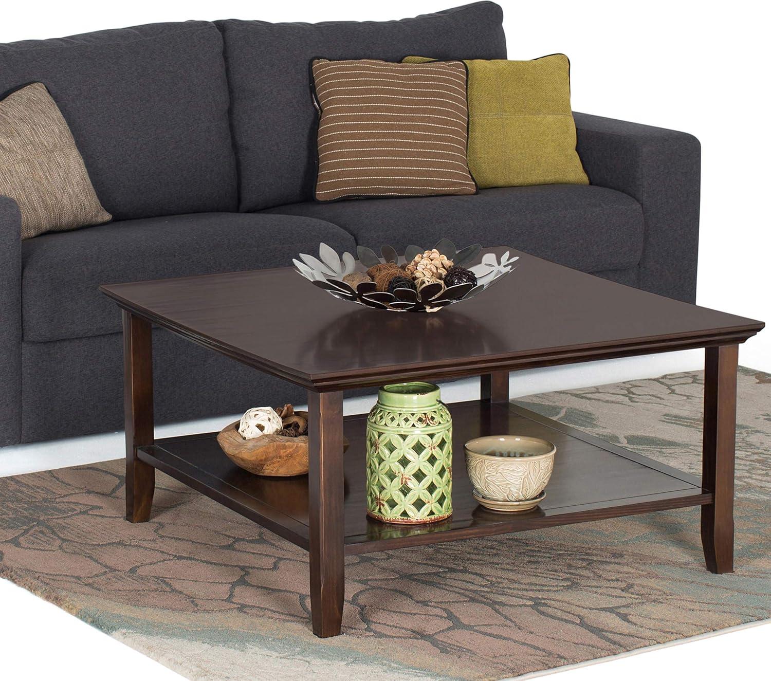SIMPLIHOME Acadian SOLID WOOD 36 inch Wide Square Transitional Coffee Table in Brunette Brown, for the Living Room and Family Room