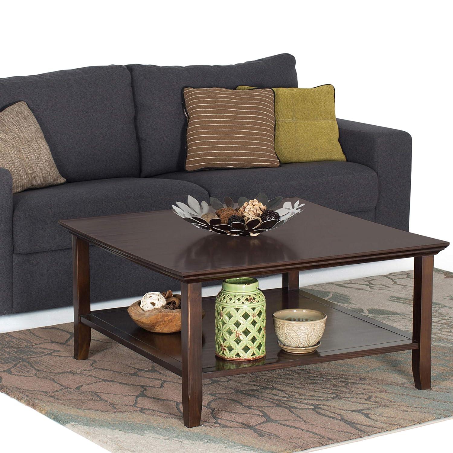 SIMPLIHOME Acadian SOLID WOOD 36 inch Wide Square Transitional Coffee Table in Brunette Brown, for the Living Room and Family Room