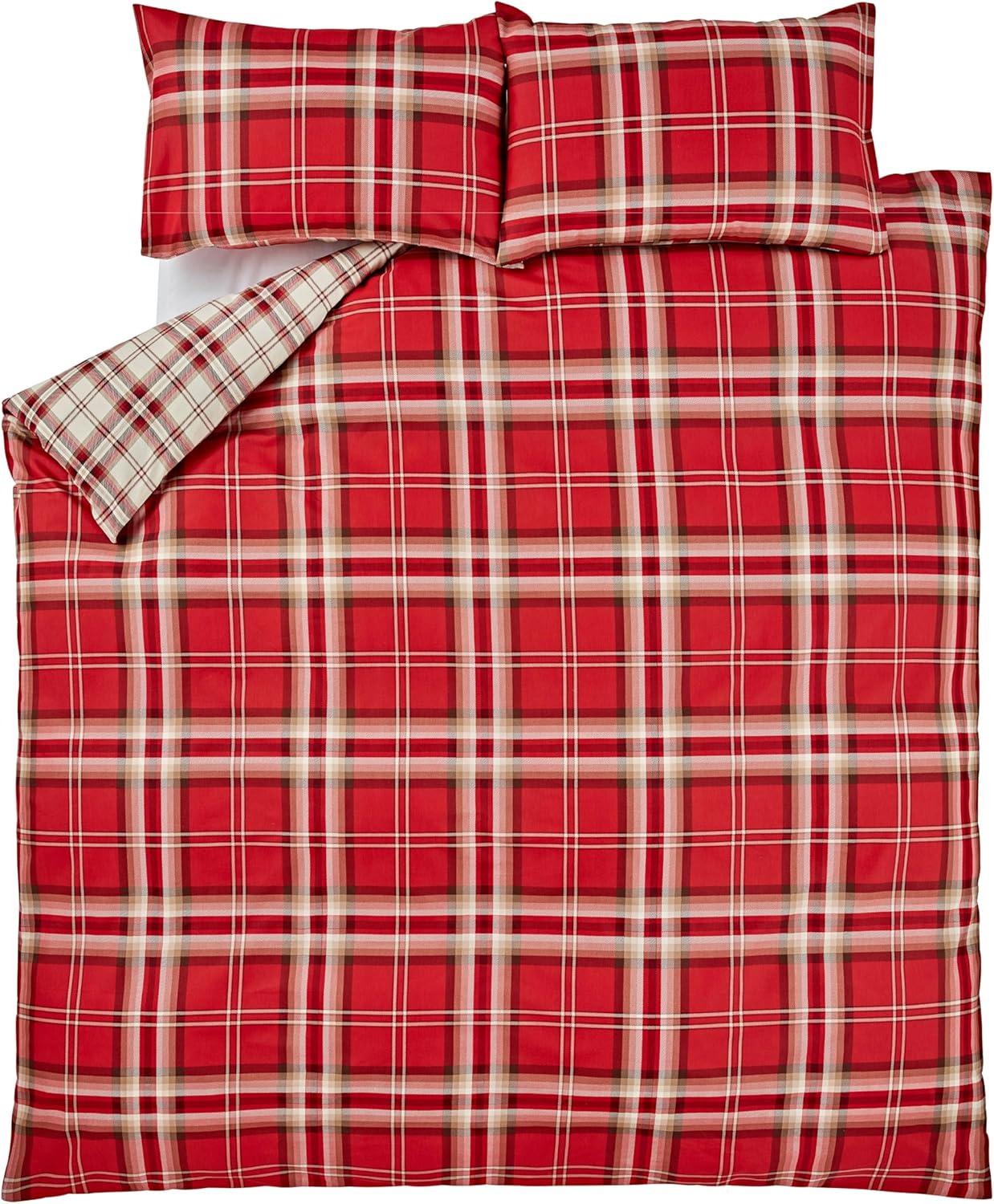 Full Red and Charcoal Cotton Tartan Duvet Cover Set