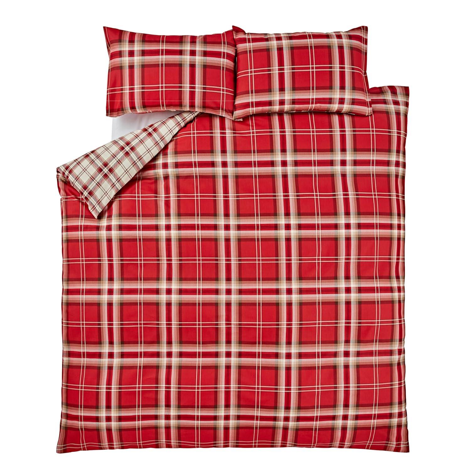 Full Red and Charcoal Cotton Tartan Duvet Cover Set