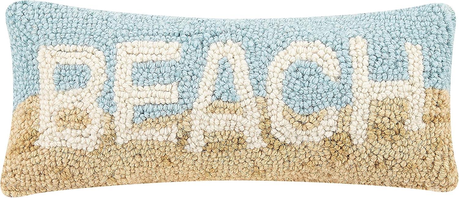 Blue and Beige Wool Embroidered Beach Throw Pillow