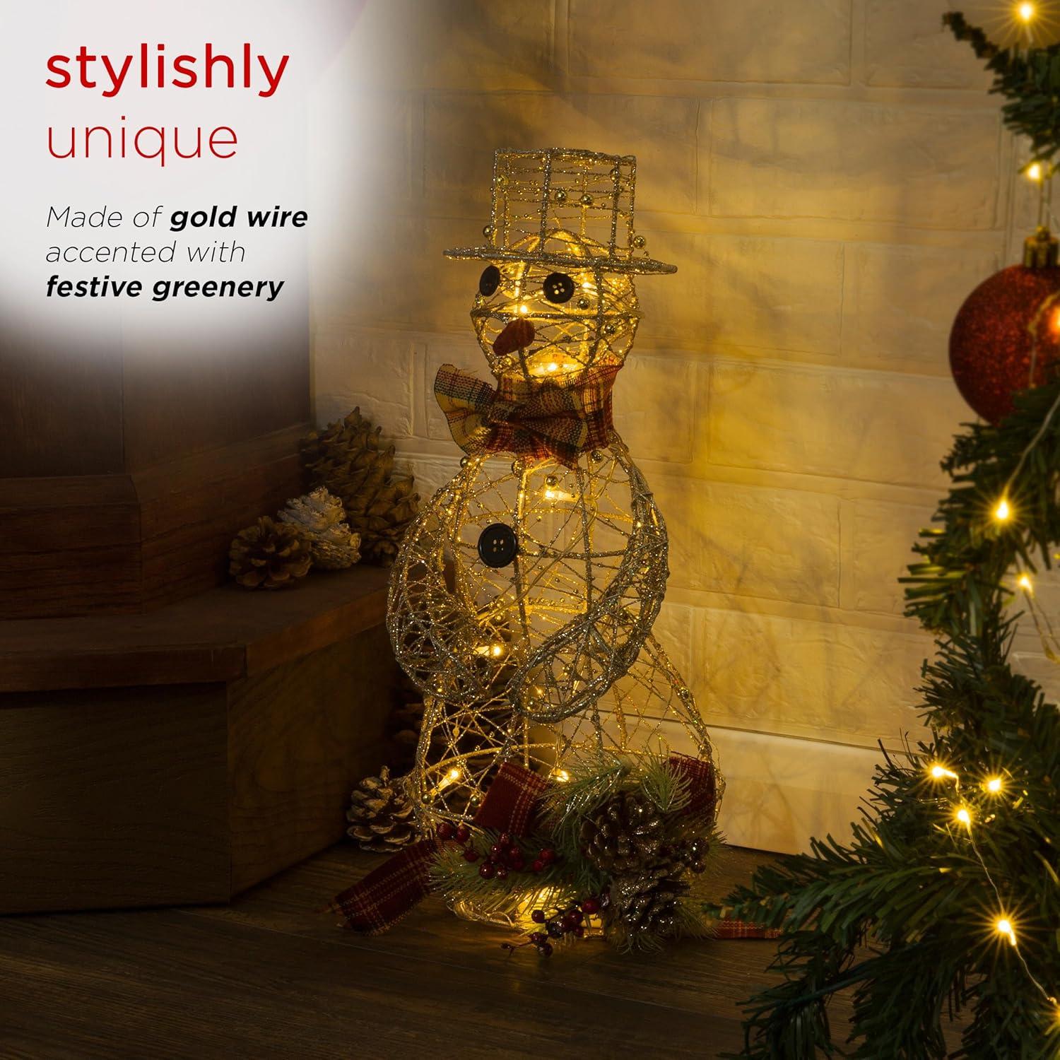 Gold Wire Snowman with Warm White LED Lights, 18 Inches