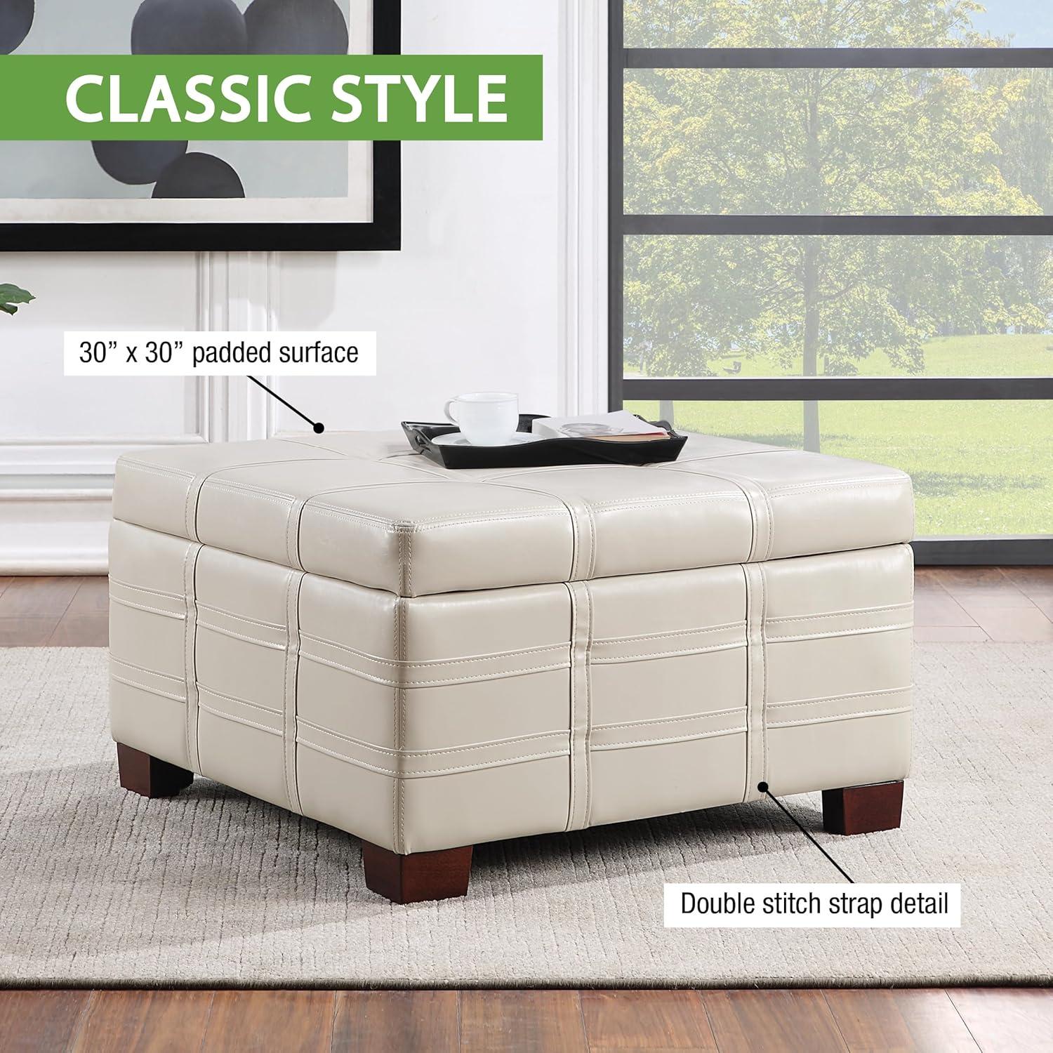 Detour Strap Square Storage Ottoman in Cream Faux Leather