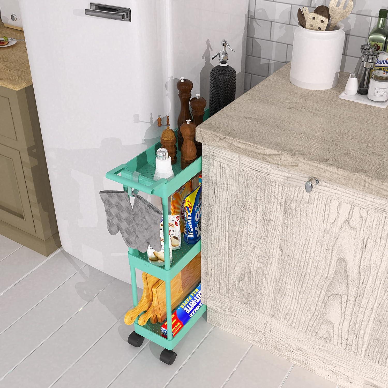 3-Tier Slim/Super Narrow Kitchen Cart with Handle, Hooks and Storage with Shelves,Turquoise