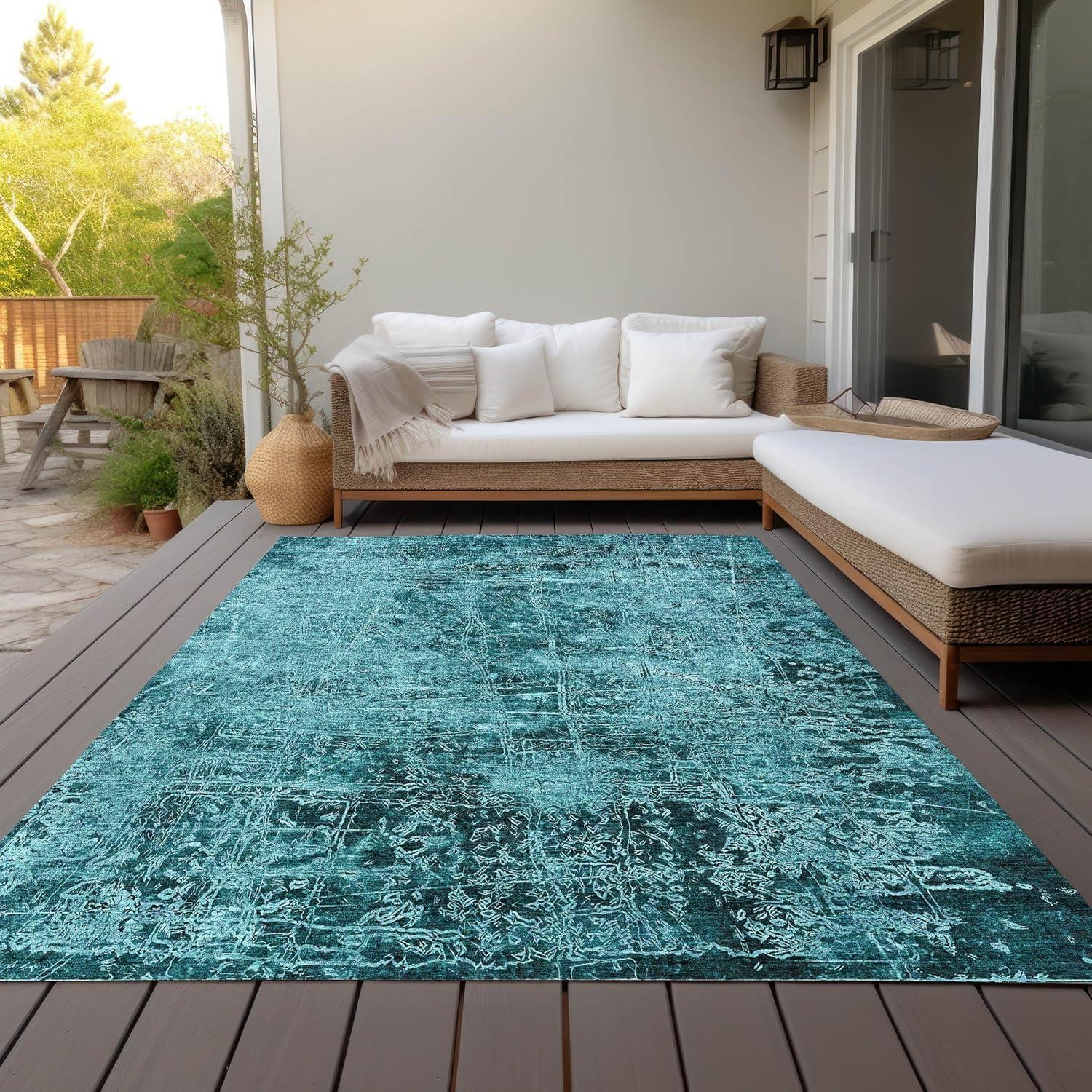 Teal Rectangular Synthetic Flat Woven Washable Rug 3' x 5'