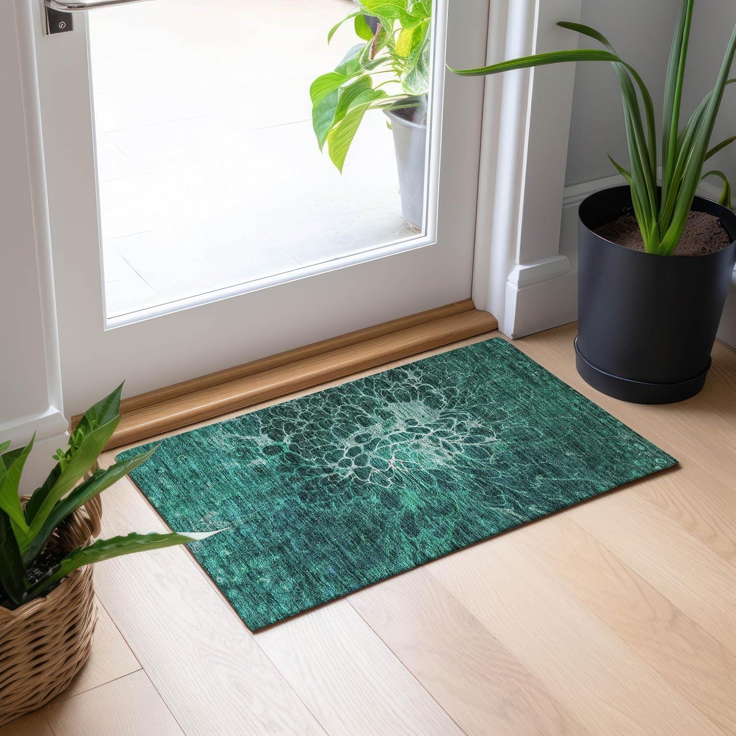 Teal and White Abstract Indoor Outdoor Area Rug