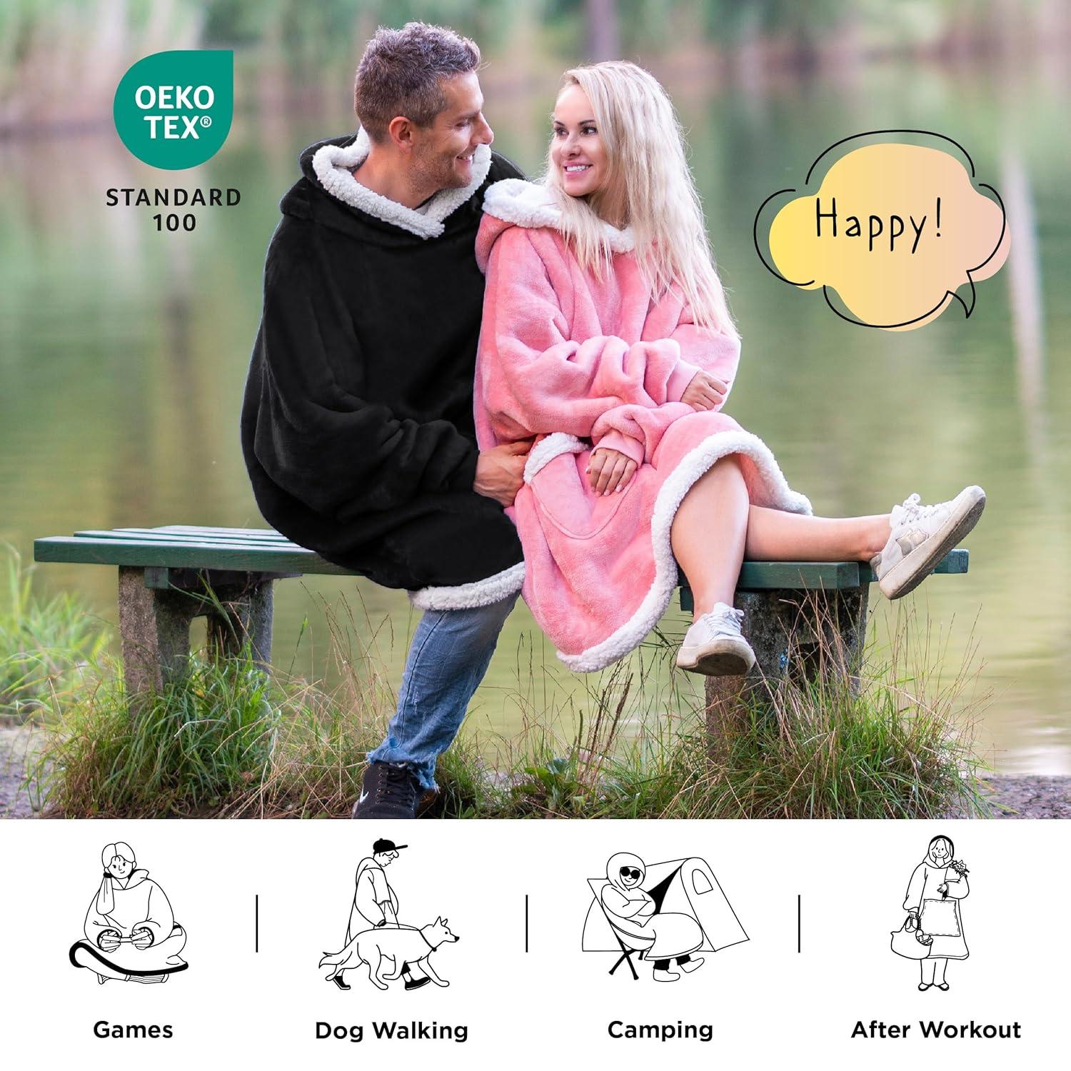 Bedsure Blanket Hoodie, Wearable Blanket for Adults & Kids as Gifts for Women Men, Birthday Gifts for Women Mom Girl Sherpa Oversized Hoodie, Black, Standard