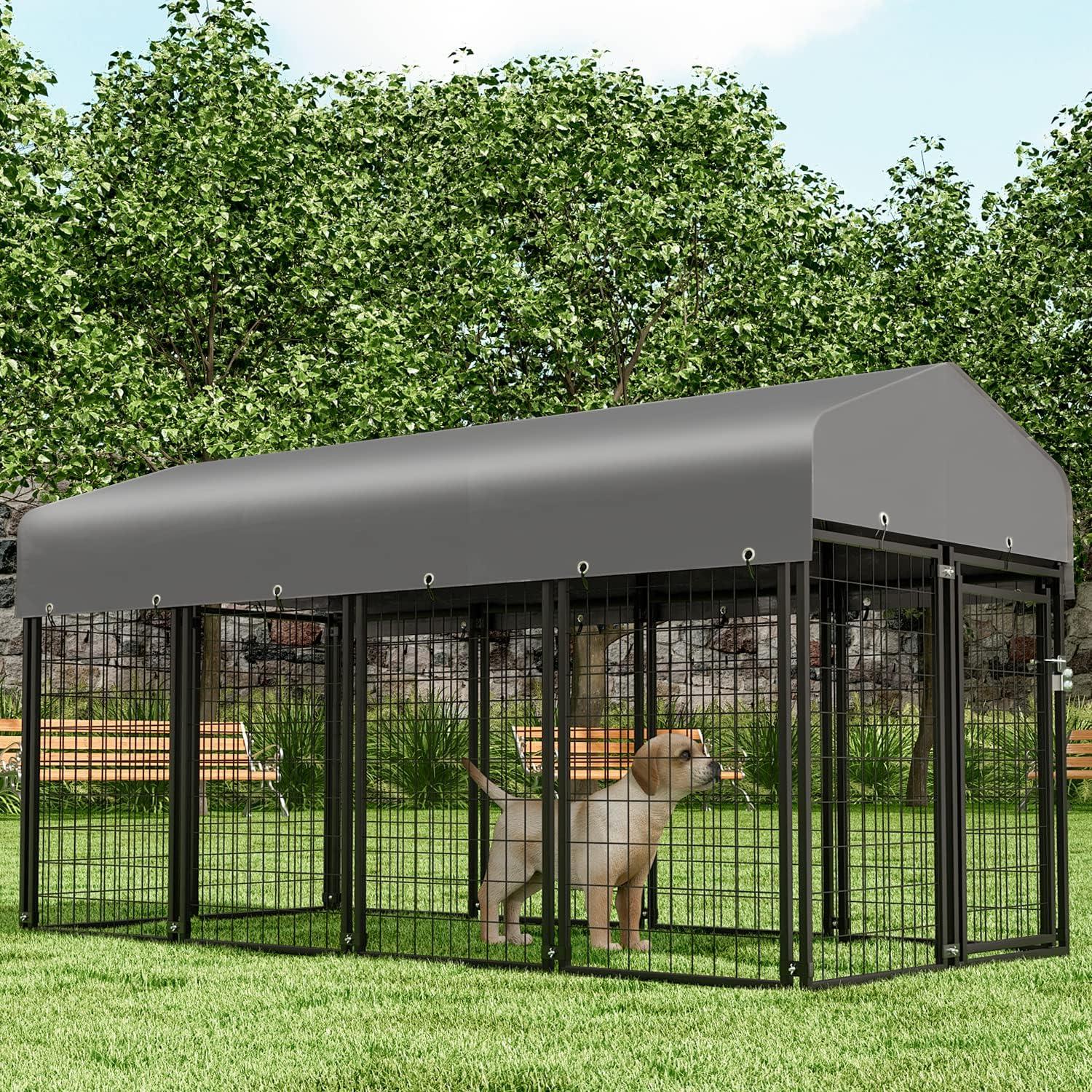 Outdoor Metal Dog Run Cage Animal Kennel Pet House Fence Playpen with UV-Proof Roof