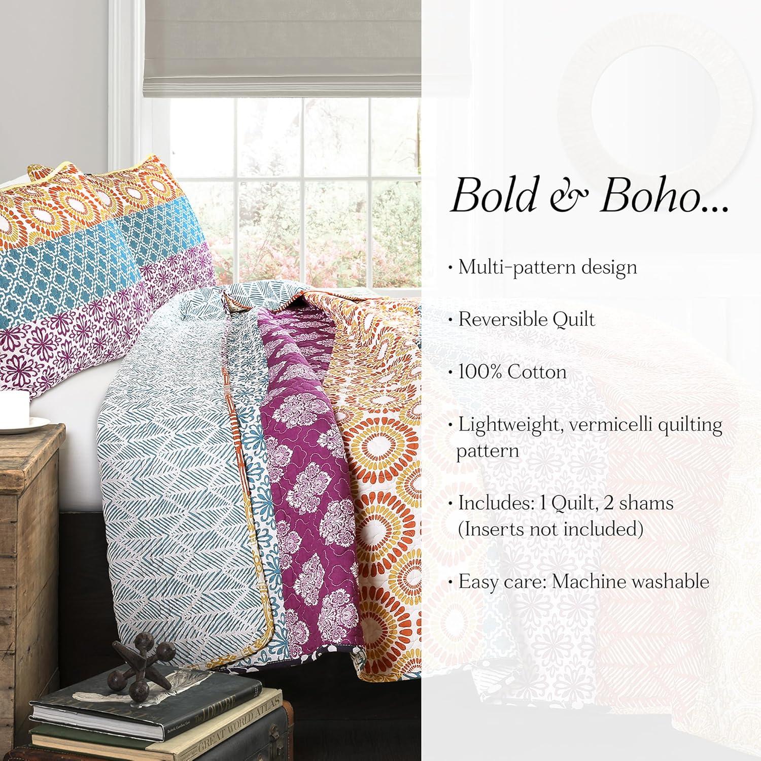 Lush Decor Bohemian 100% Cotton Reversible 3-Piece Quilt Set