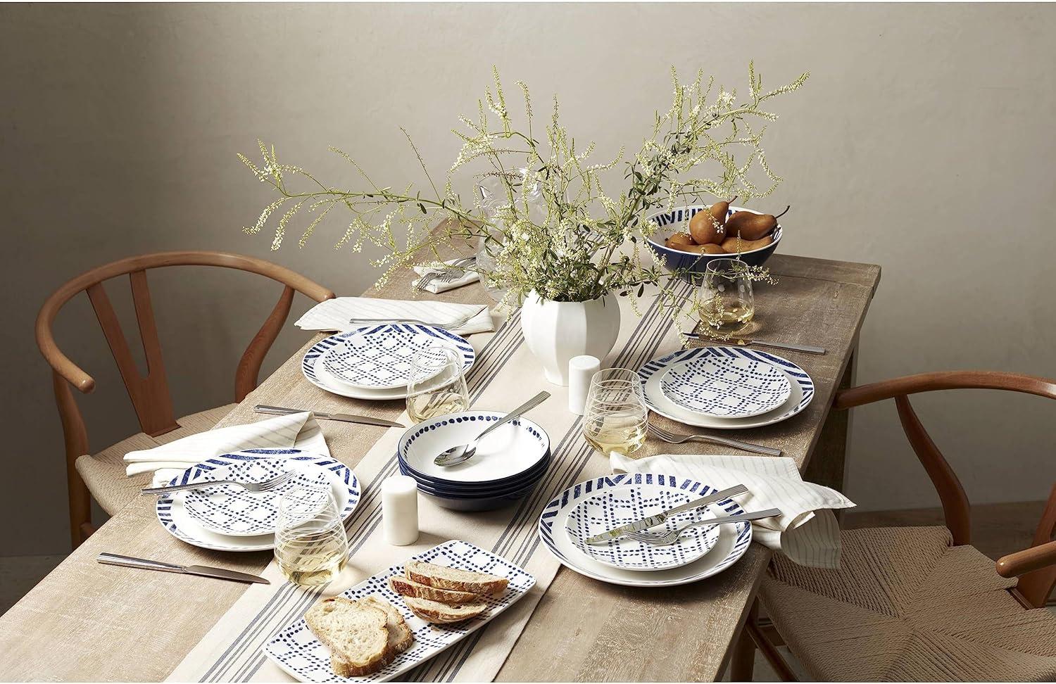 Navy and White Porcelain 12-Piece Geometric Dinnerware Set