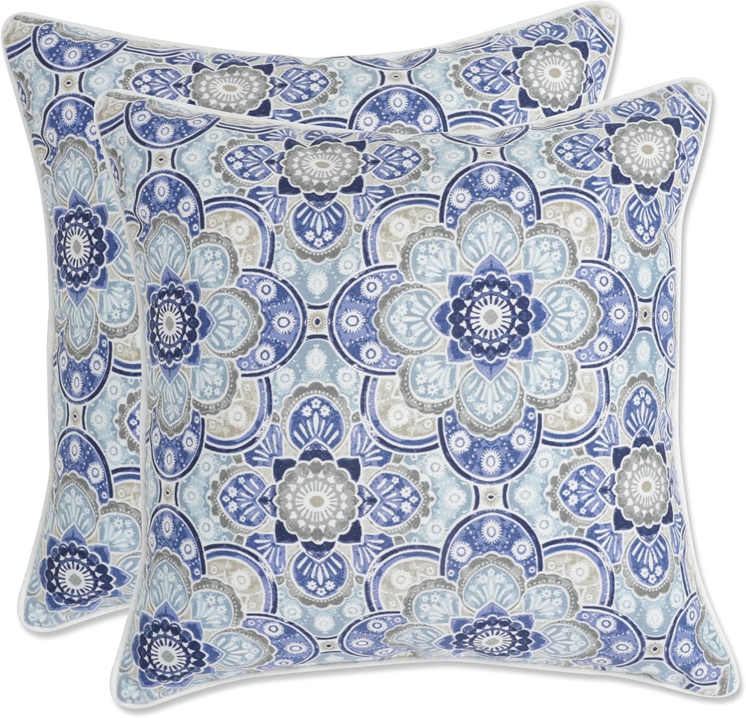 Keyzu Medallion Blue and Gray Outdoor Square Pillow Set