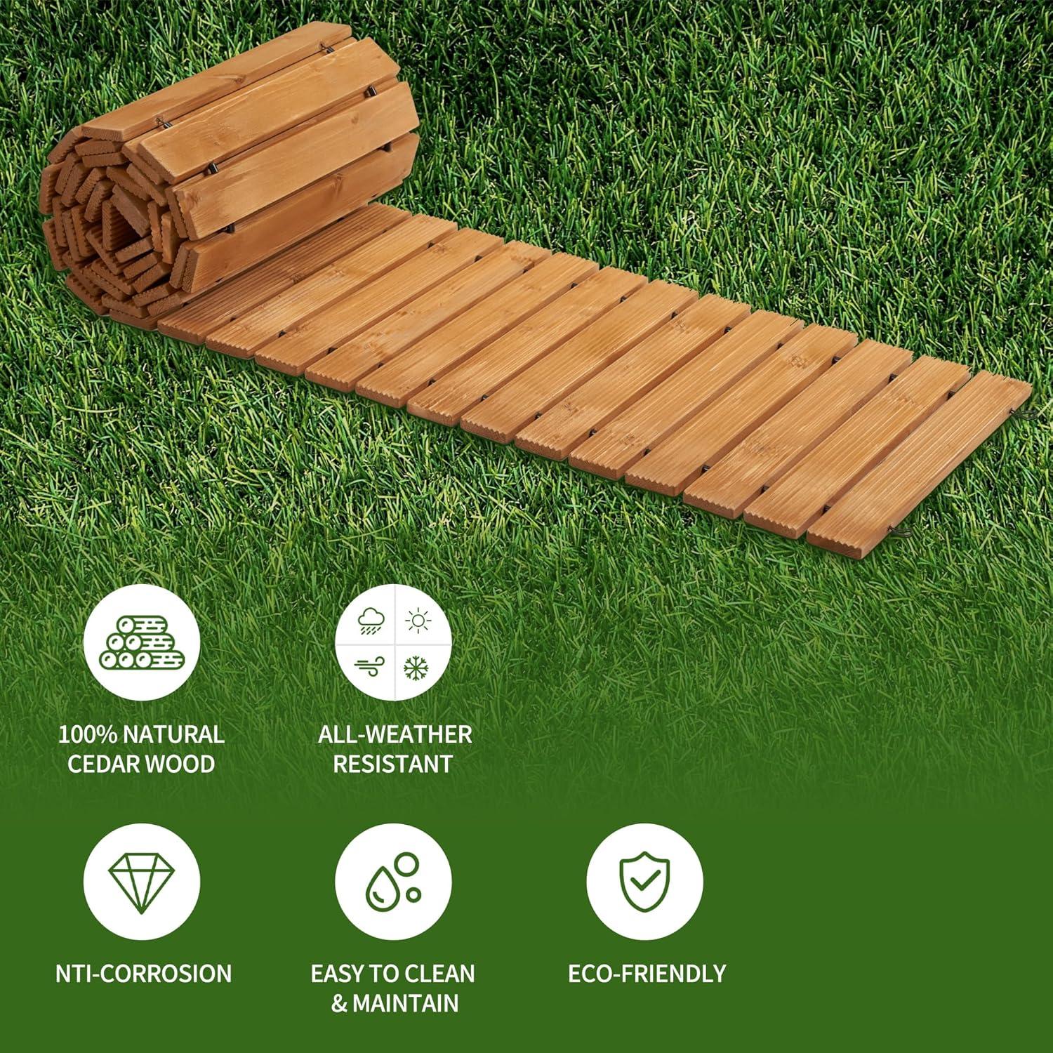 LINSHRY 12FT Wooden Garden Pathway, Outdoor Roll Out Decorative Garden Walkway, Weather-Resistant Non-Slip Hardwood Pathway for Backyard, Beach, Wedding Party Paths