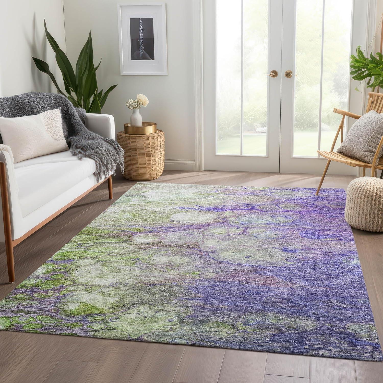 Addison Purple and Green Abstract Washable Synthetic Rug 3' x 5'