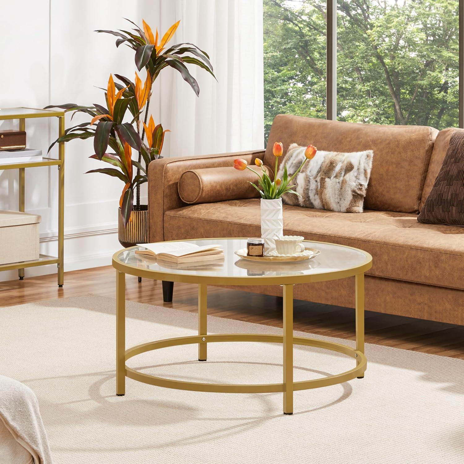 Gold Round Glass Coffee Table with Metal Frame, 36 Inch