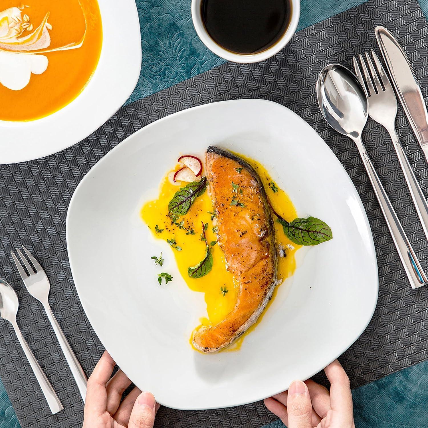 MALACASA Plates and Bowls Set, 12 Pieces Porcelain Dinnerware Sets, Gray White Dishes Set for 4, Chip and Scratch Resistant Square Dishware Sets, Series ELISA